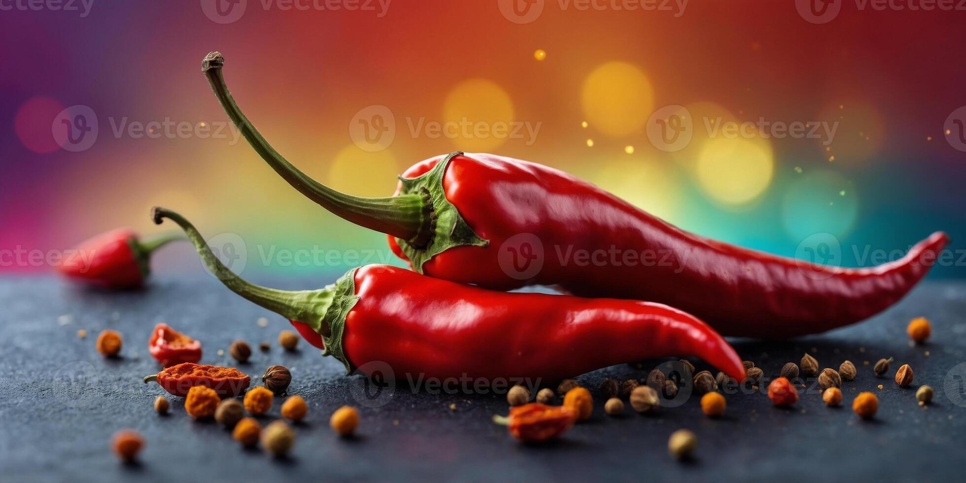 Red chili pepper with spices on colorful background. photo