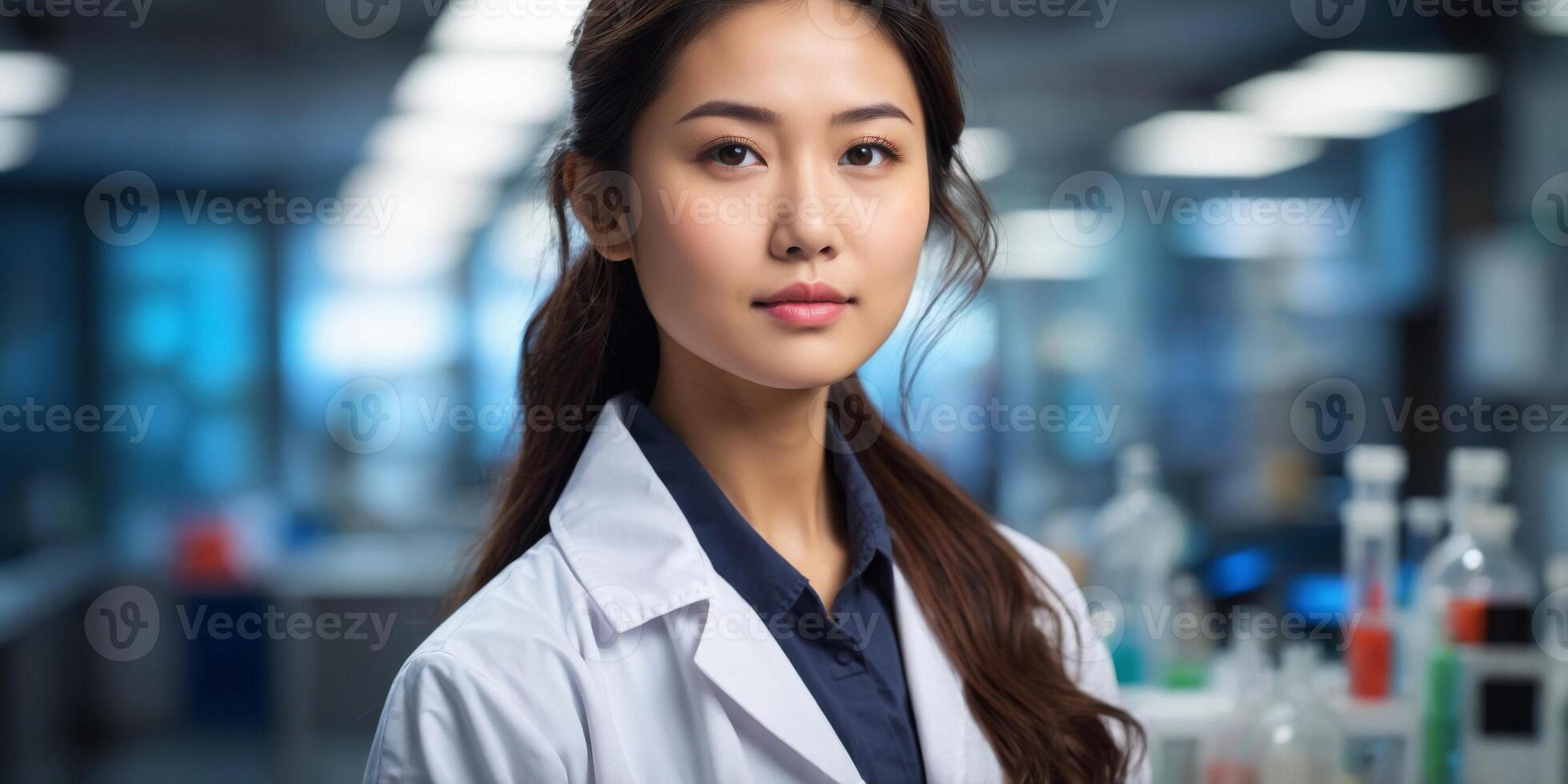 Young Asian female scientist wearing lab coat in laboratory. photo