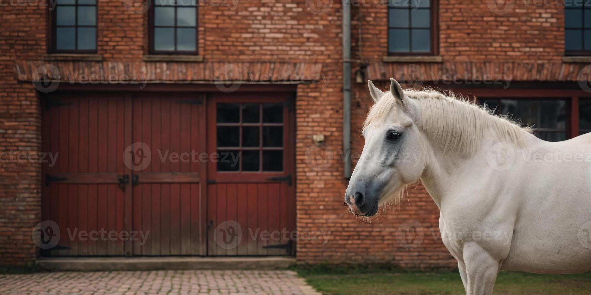 A white horse stands before a red brick building The structure features a brown door and window on its side. photo