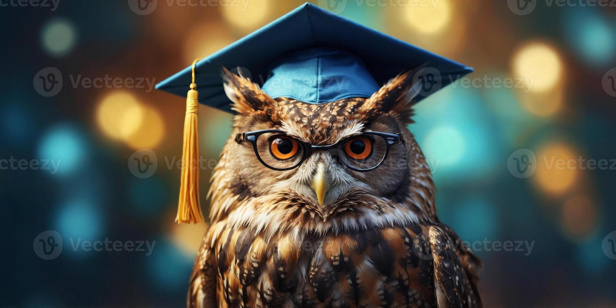 A wise old owl wearing glasses and a graduation cap. photo