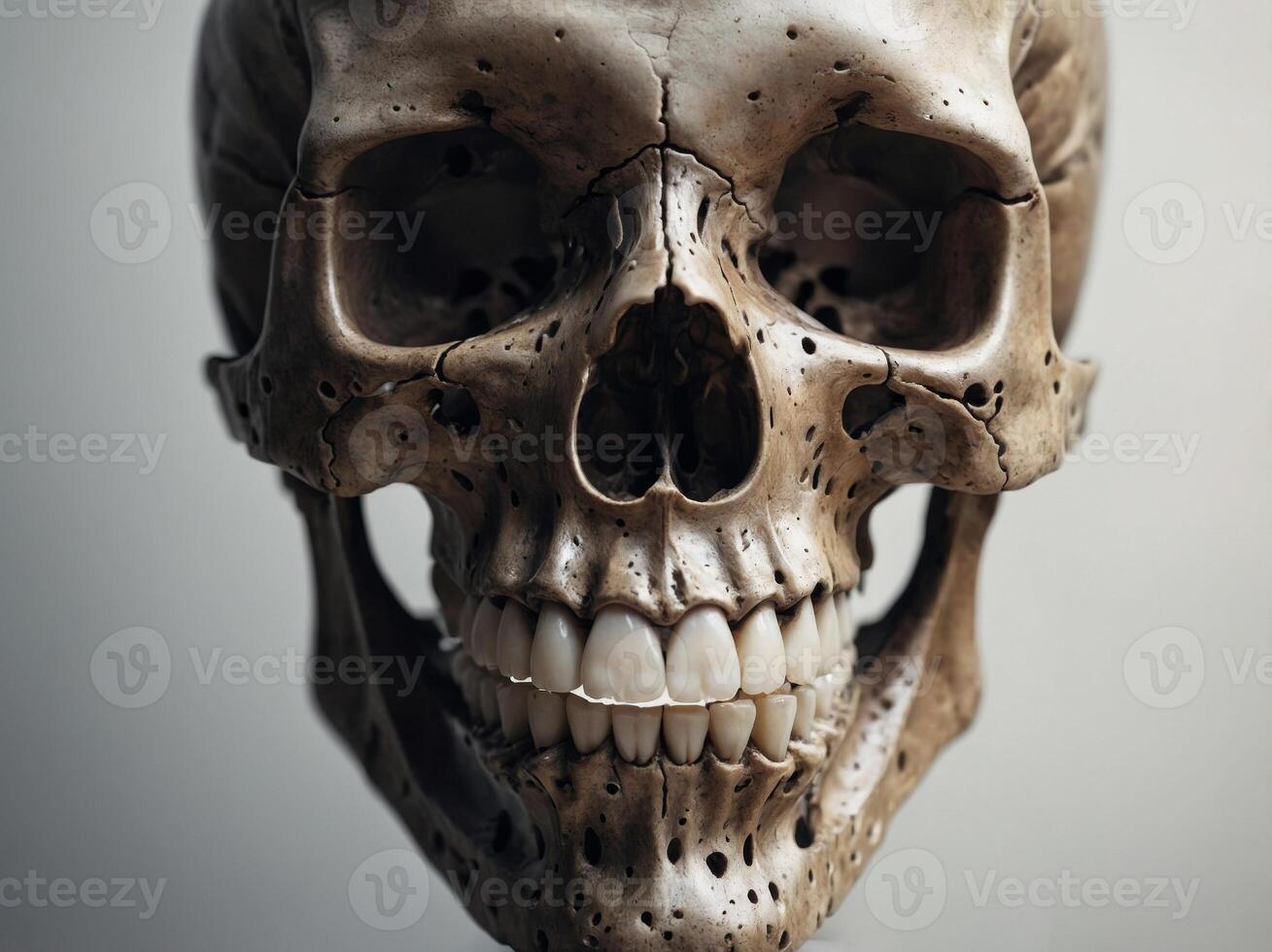 A drawing of a human skull with its lower jaw attached. photo