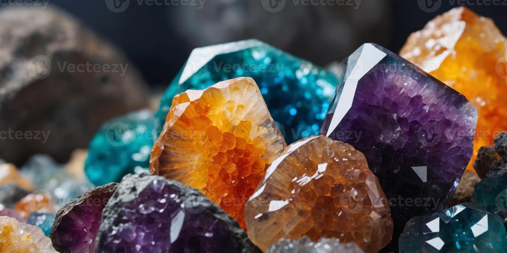 Close up of colorful geodes inside crystal rock. photo