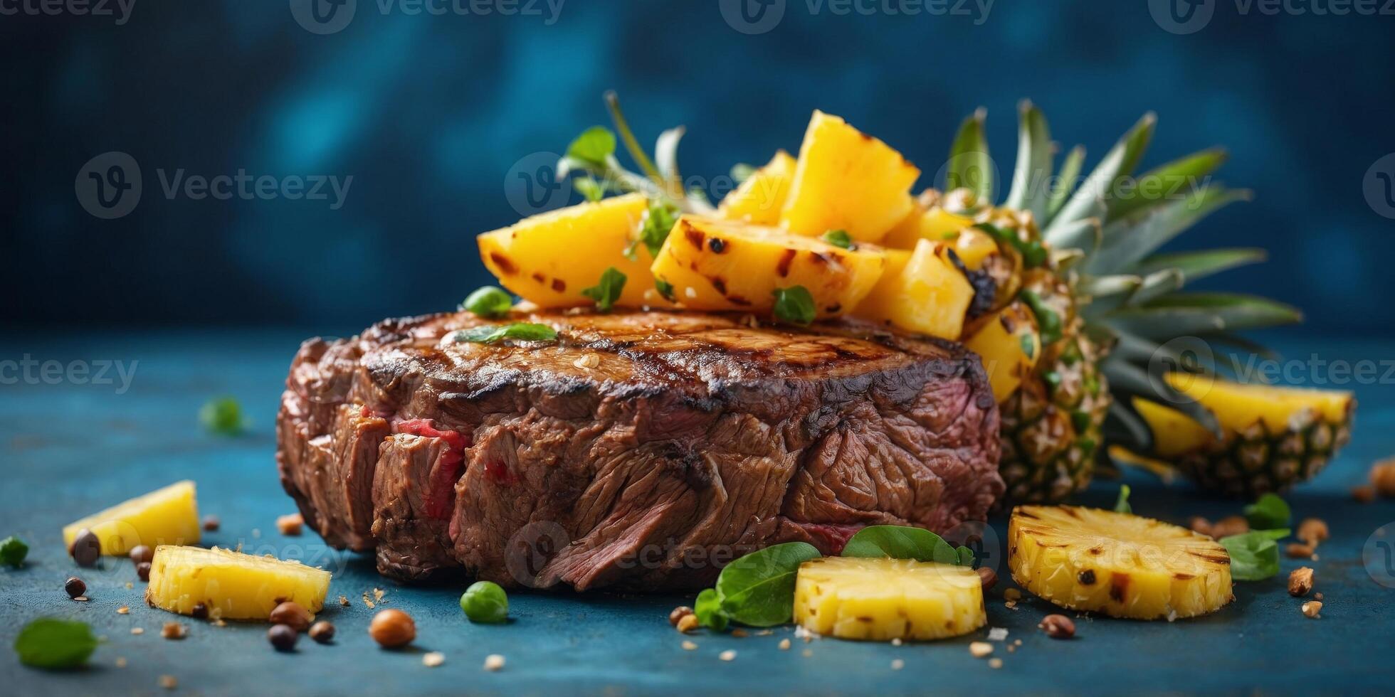 Grilled beef steak like a pineapple on blue background Creative food and fruit combination. photo