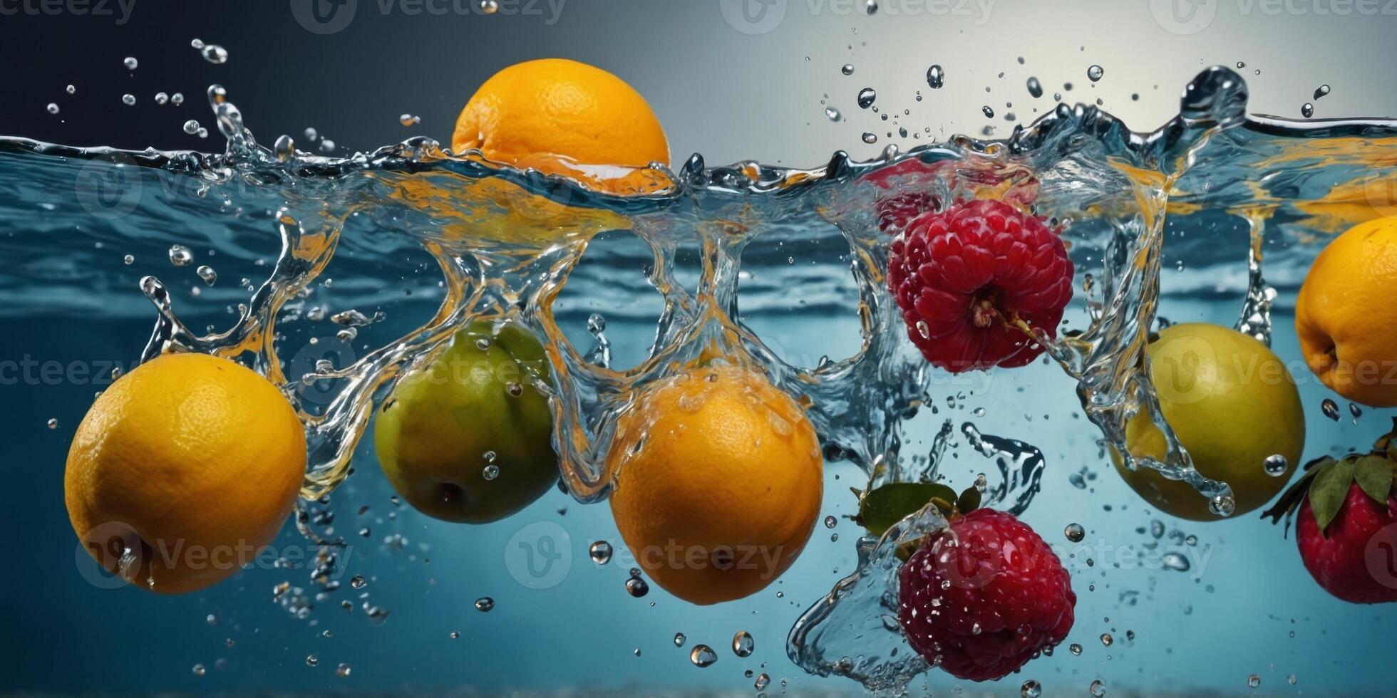 Fruits splashing into water with dynamic motion. photo