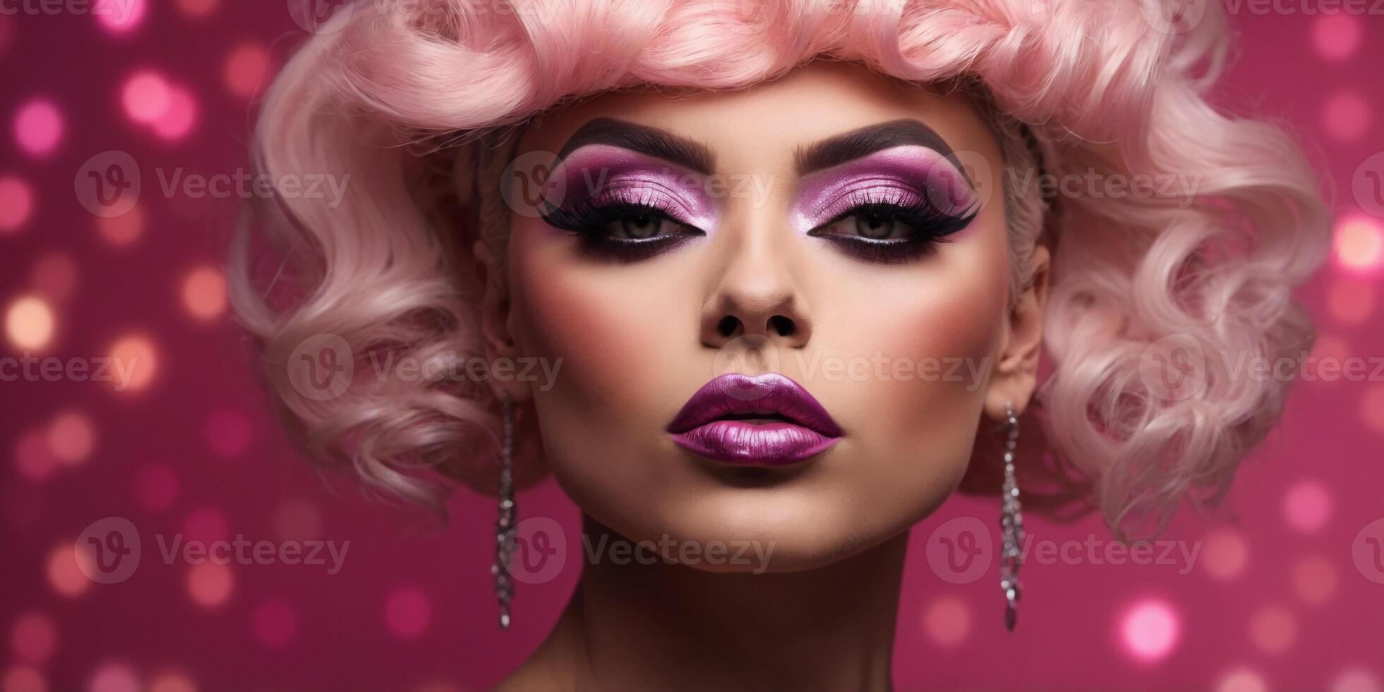 Close up of face of drag queen with dramatic makeup in front of pink background. photo