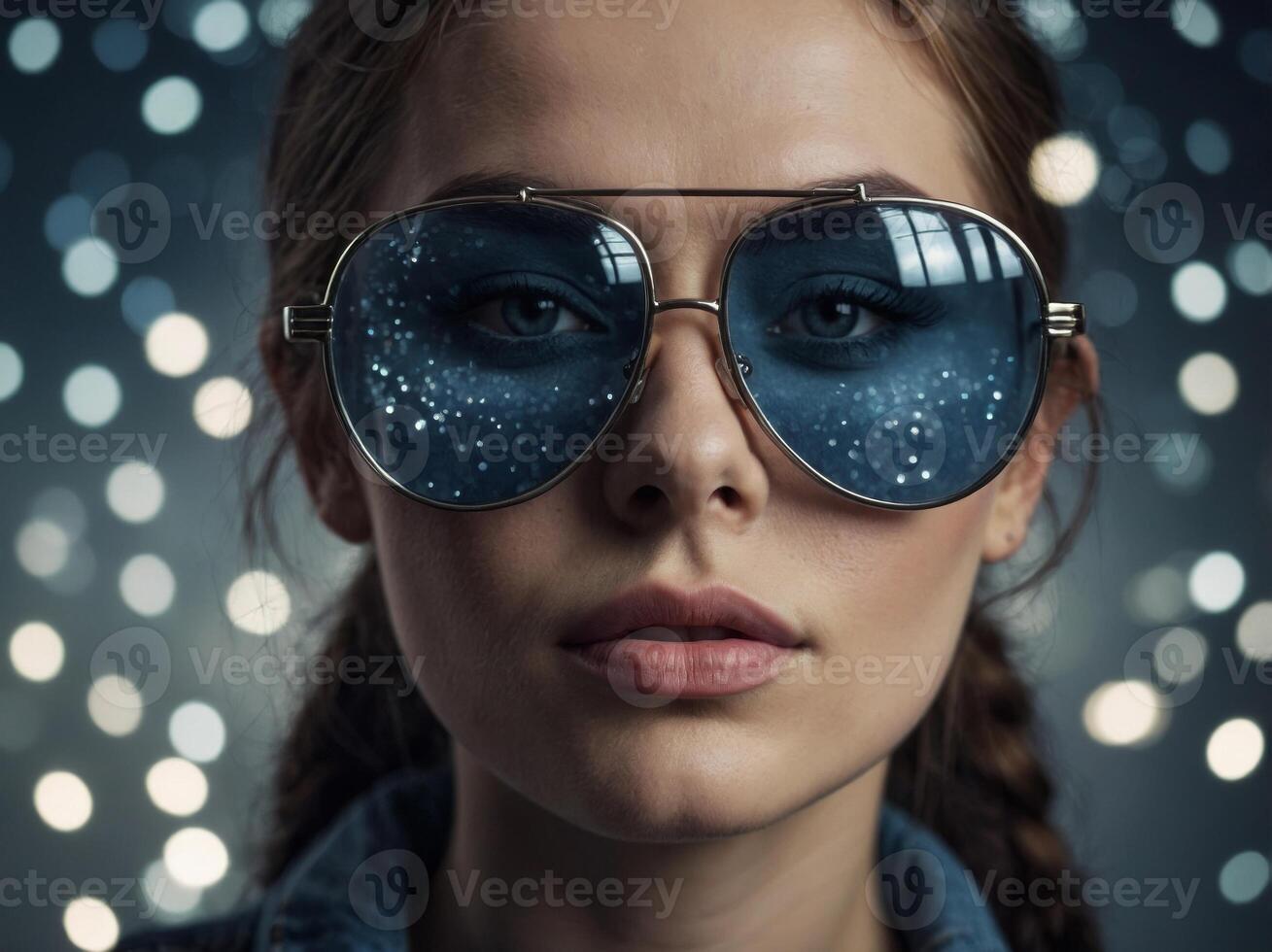 a woman wearing glasses crafted entirely from denim. photo