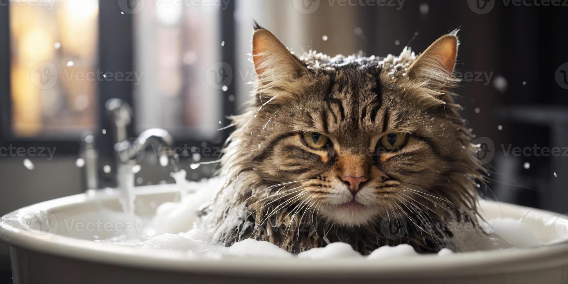 Funny angry cat being washed in bath tube full of foam. photo