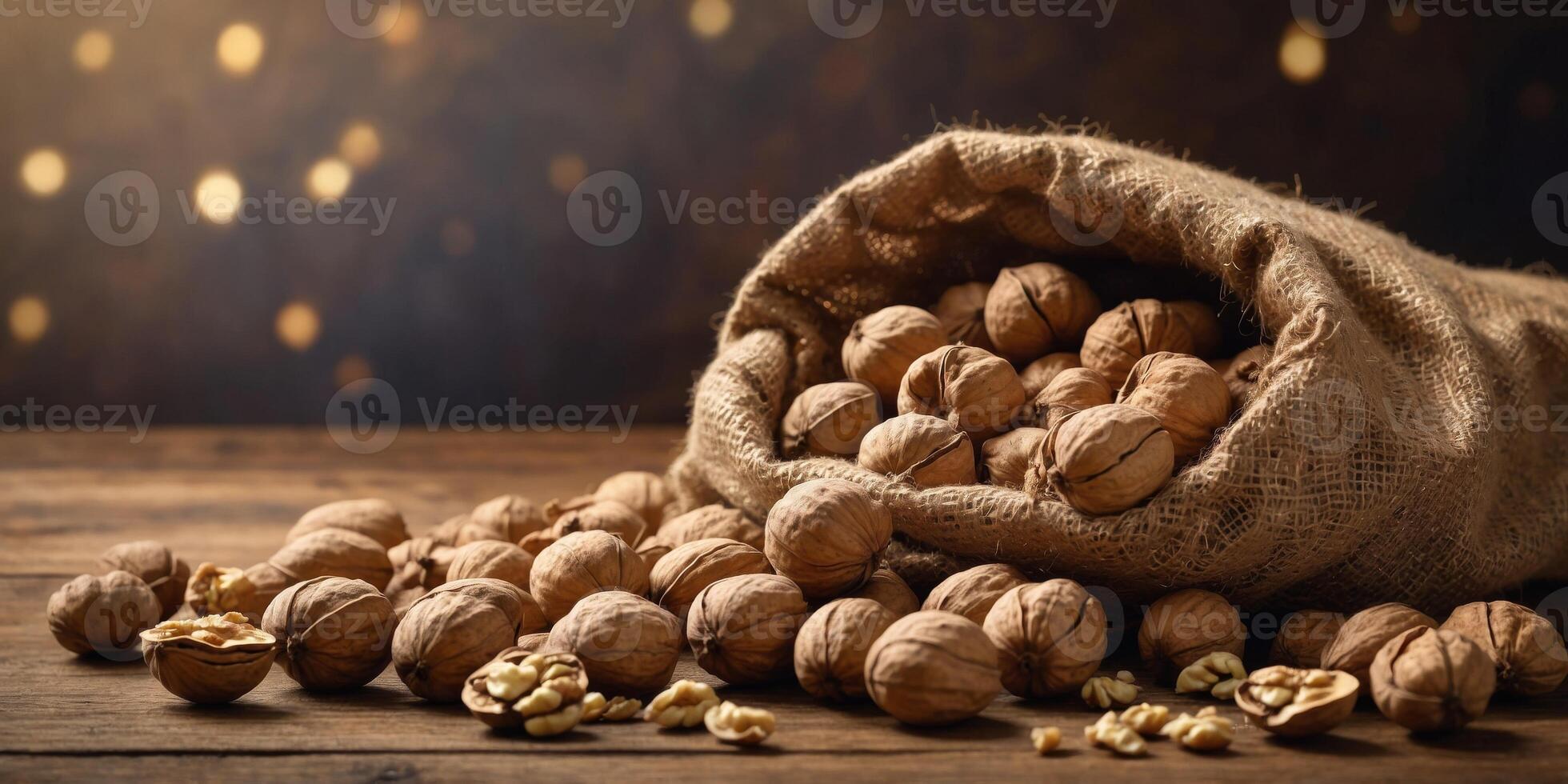 Rustic Burlap Sack Spilling Whole Walnuts on Wooden Table. photo