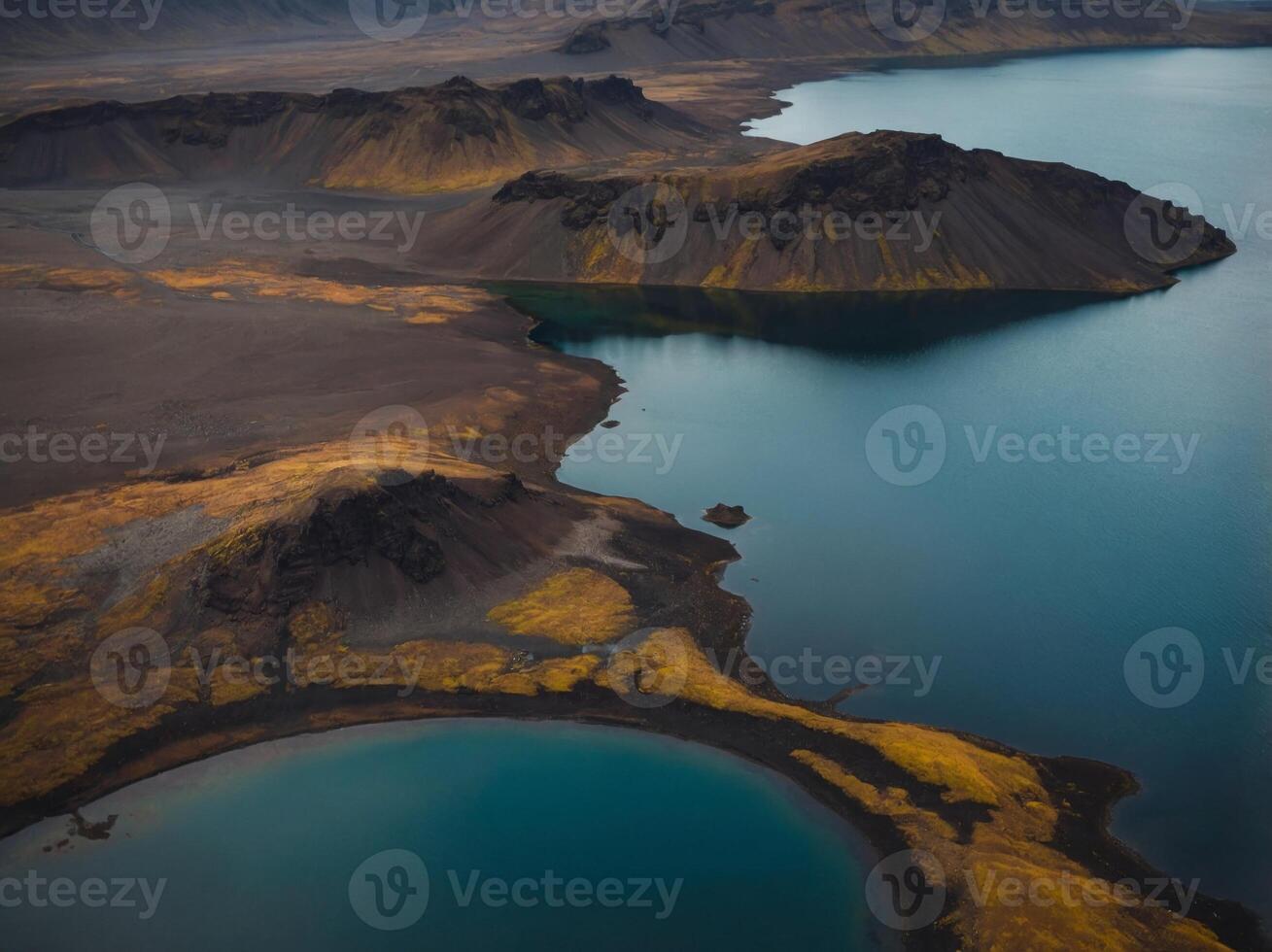 Aerial view of a serene volcanic lake in Iceland. photo