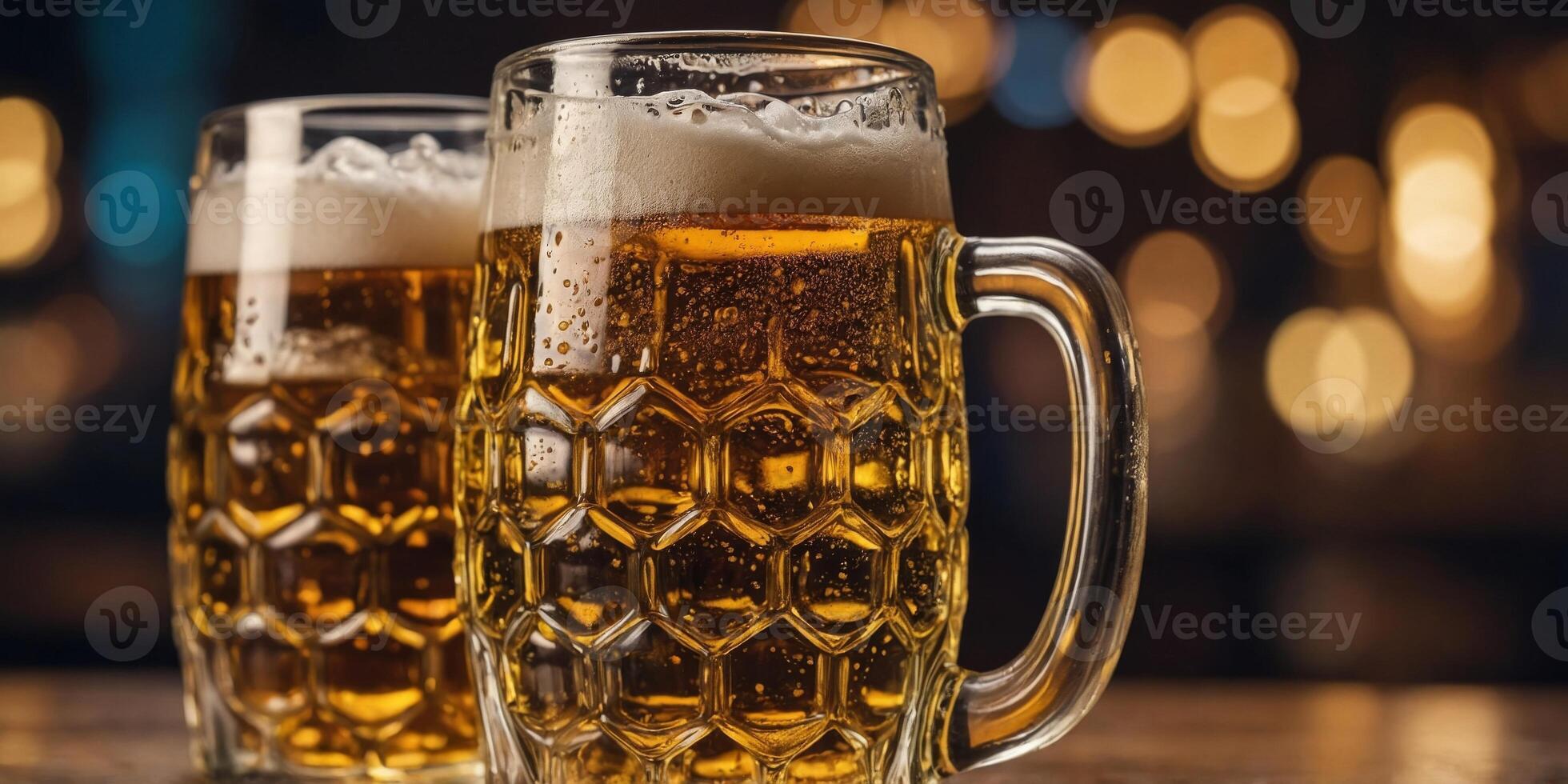 Close up of two large beer mugs clinking. photo