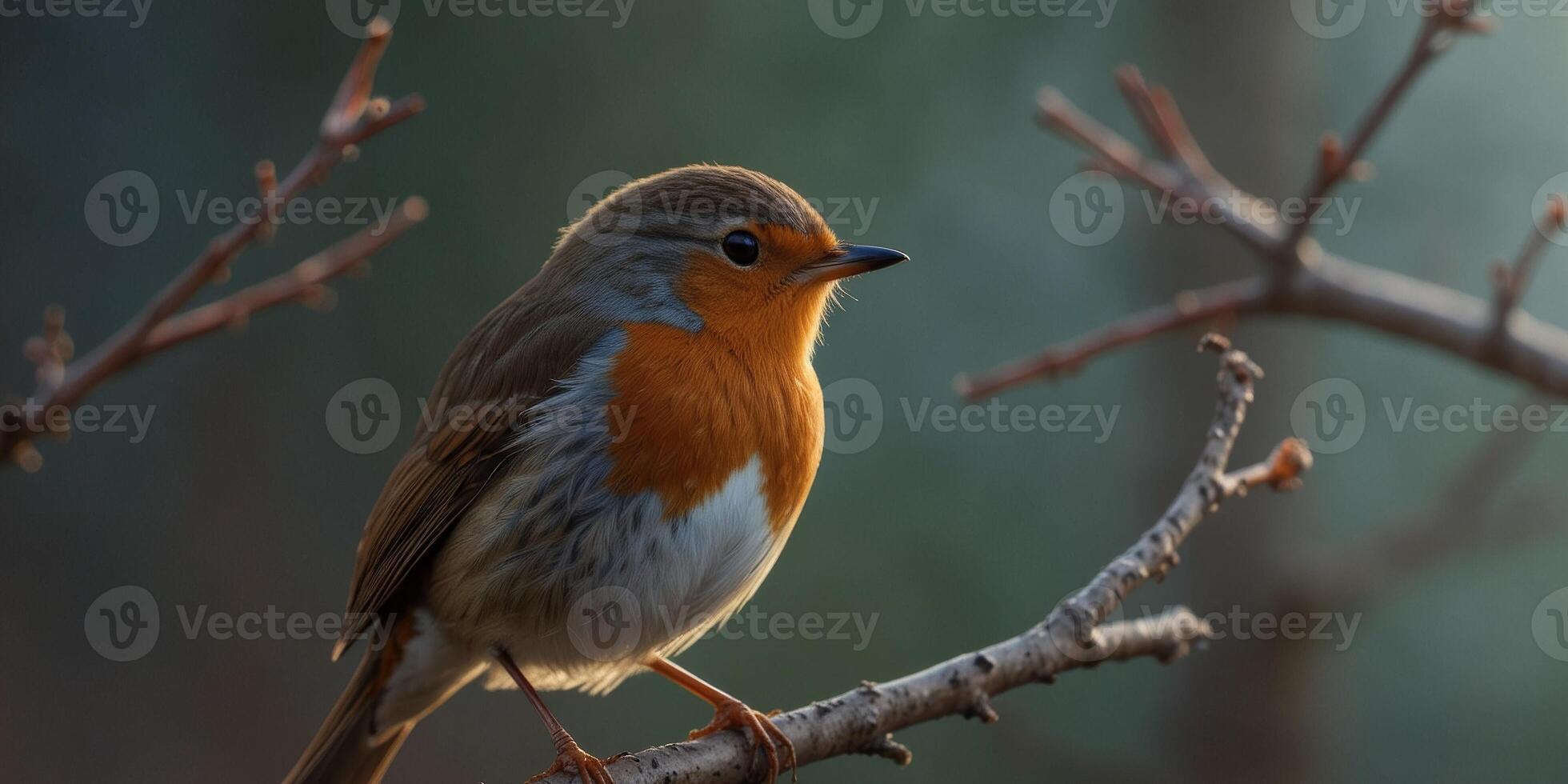 European robin perched on delicate branches at dusk. photo