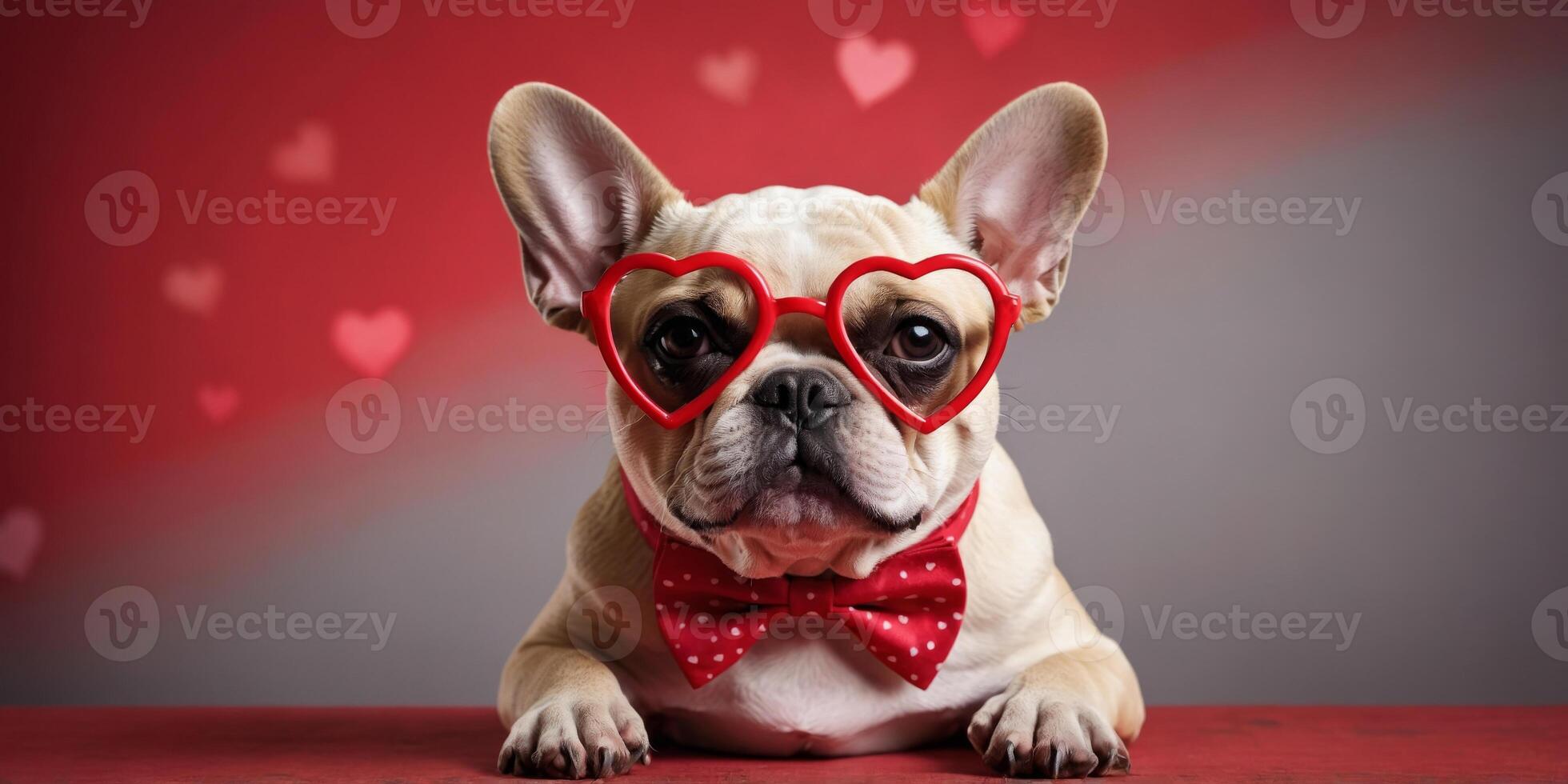 Funny French Bulldog dog wearing heart shaped Valentine's Day glasses and bow tie on red background with copy space. photo