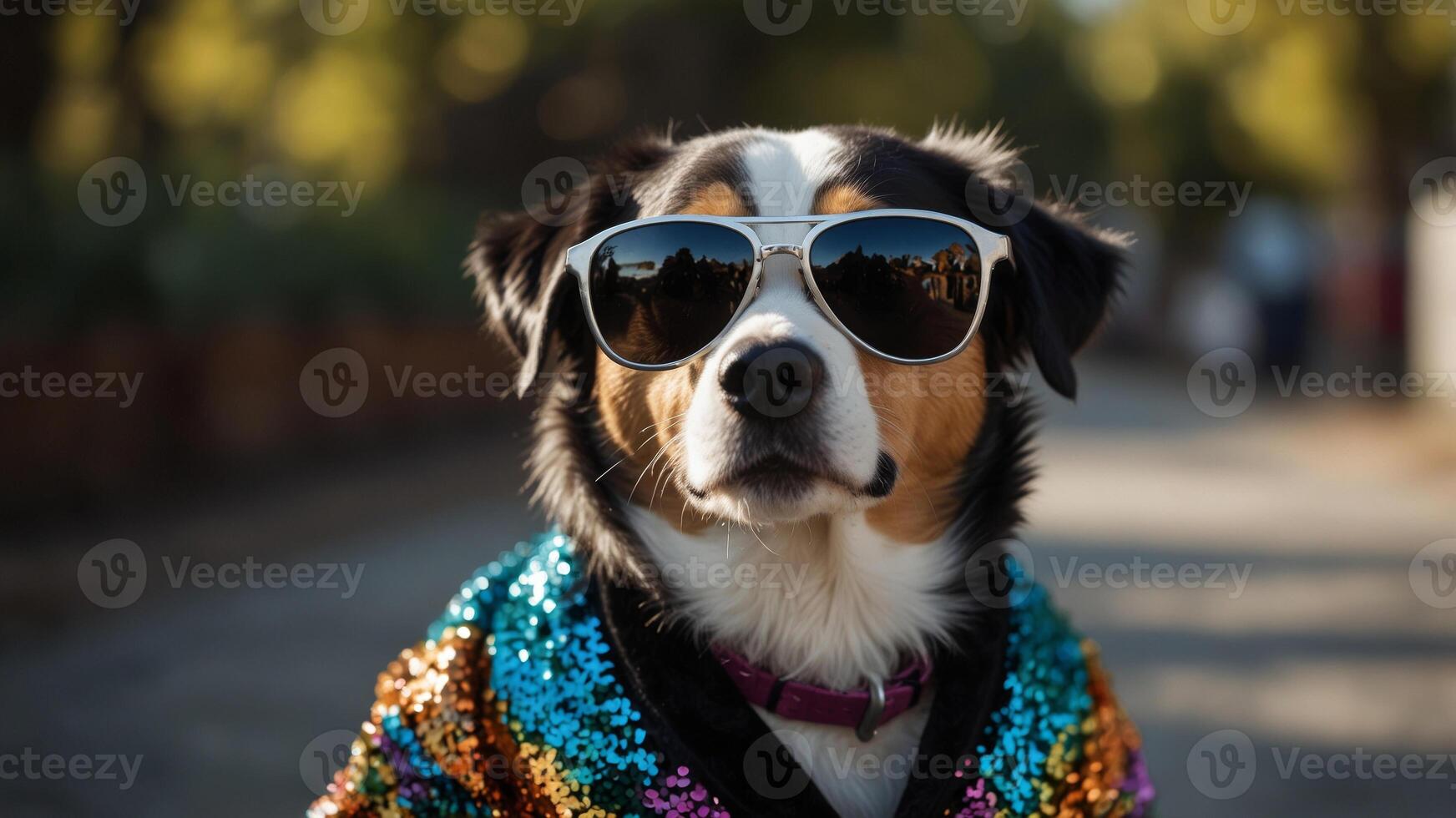A black-and-white dog dons sunglasses and a colorful jacket adorned with sequins. photo