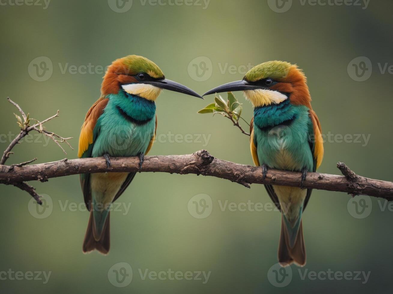 Two European bee-eaters sharing an insect on a branch. photo