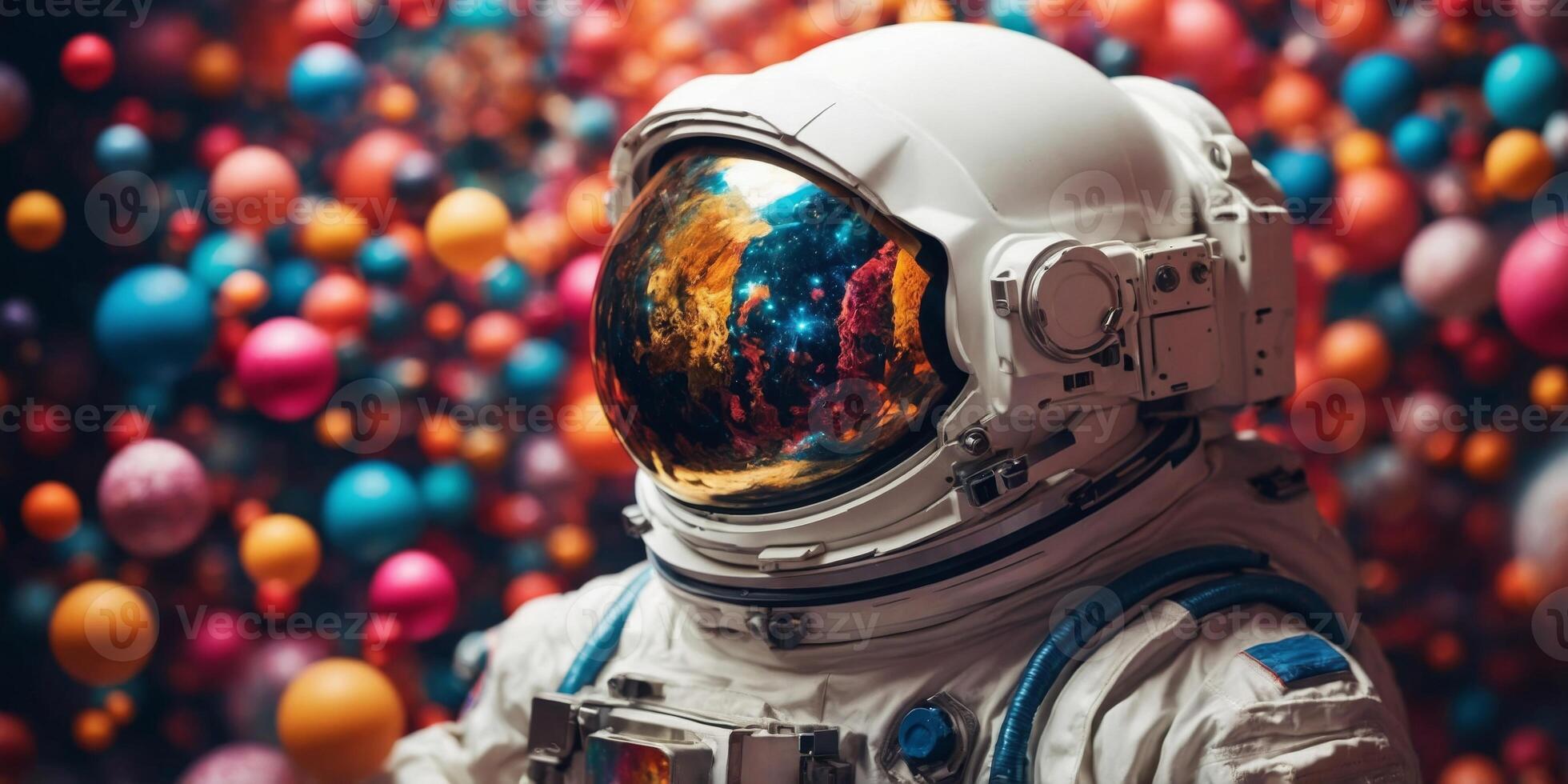 Contemplative Astronaut Amidst Colorful Cosmic Spheres. photo