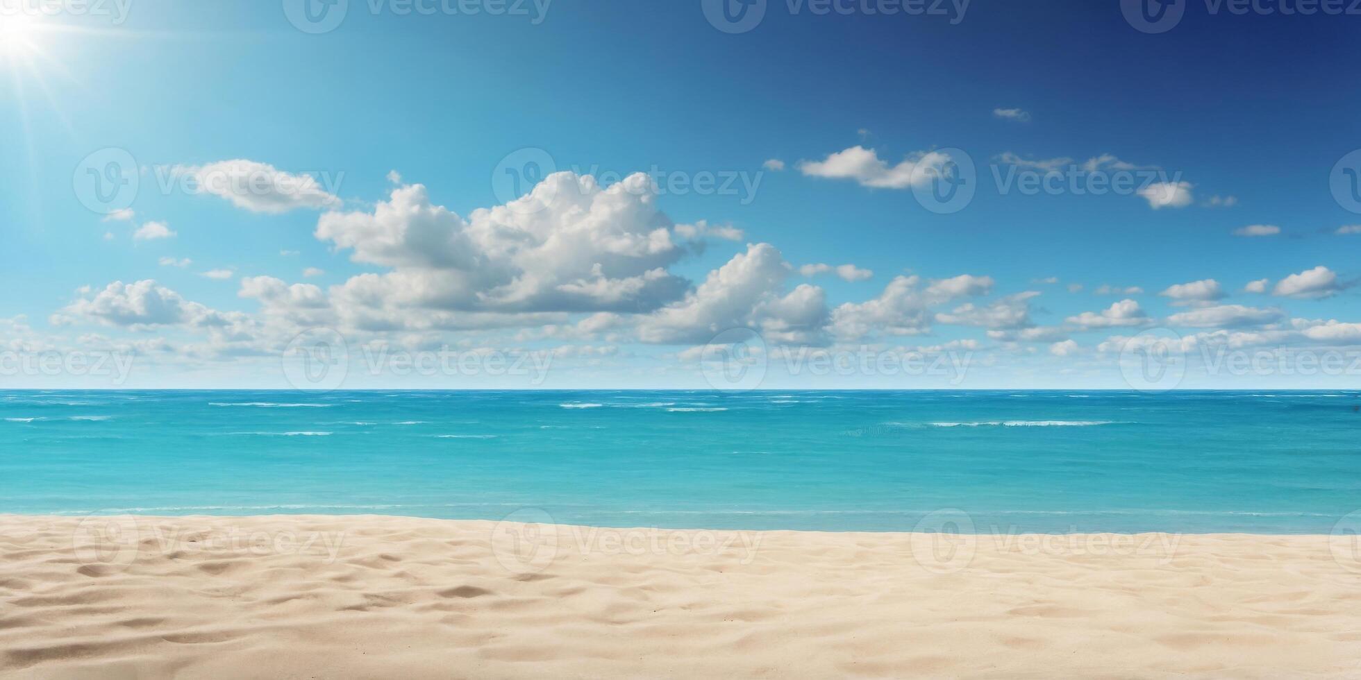 Empty sand beach with blue ocean with blue sky with clouds on sunny day. photo