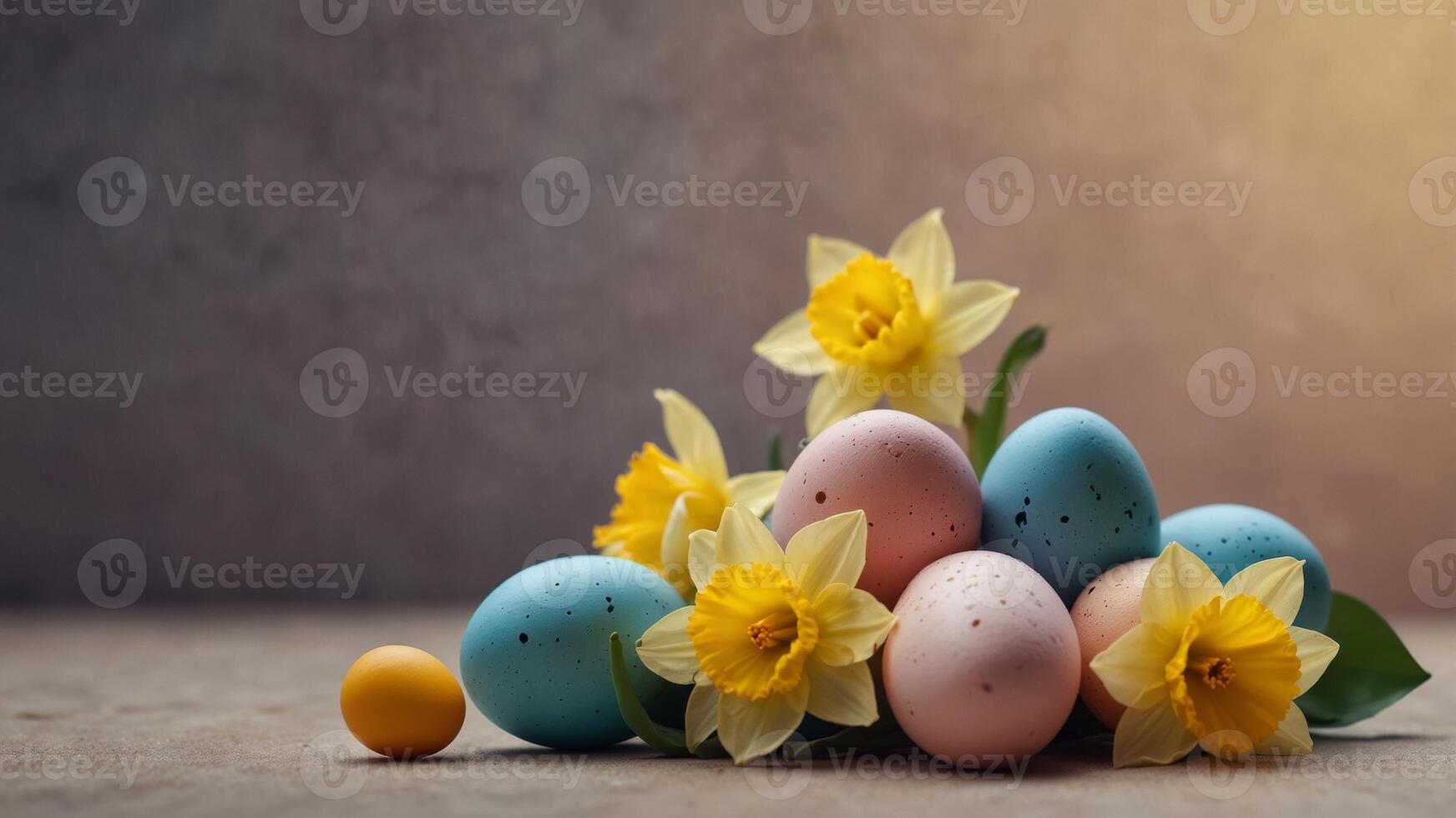 Spring Easter composition with yellow daffodils and colorful eggs on a pastel gradient background. photo