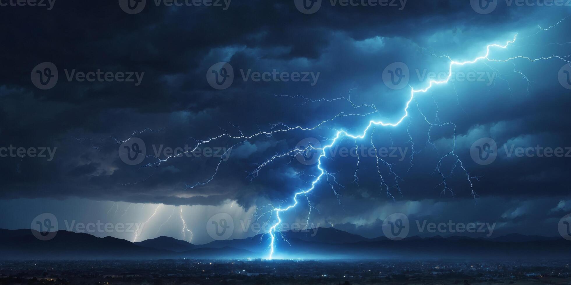 A bright blue lightning bolt illuminates the dark sky. photo