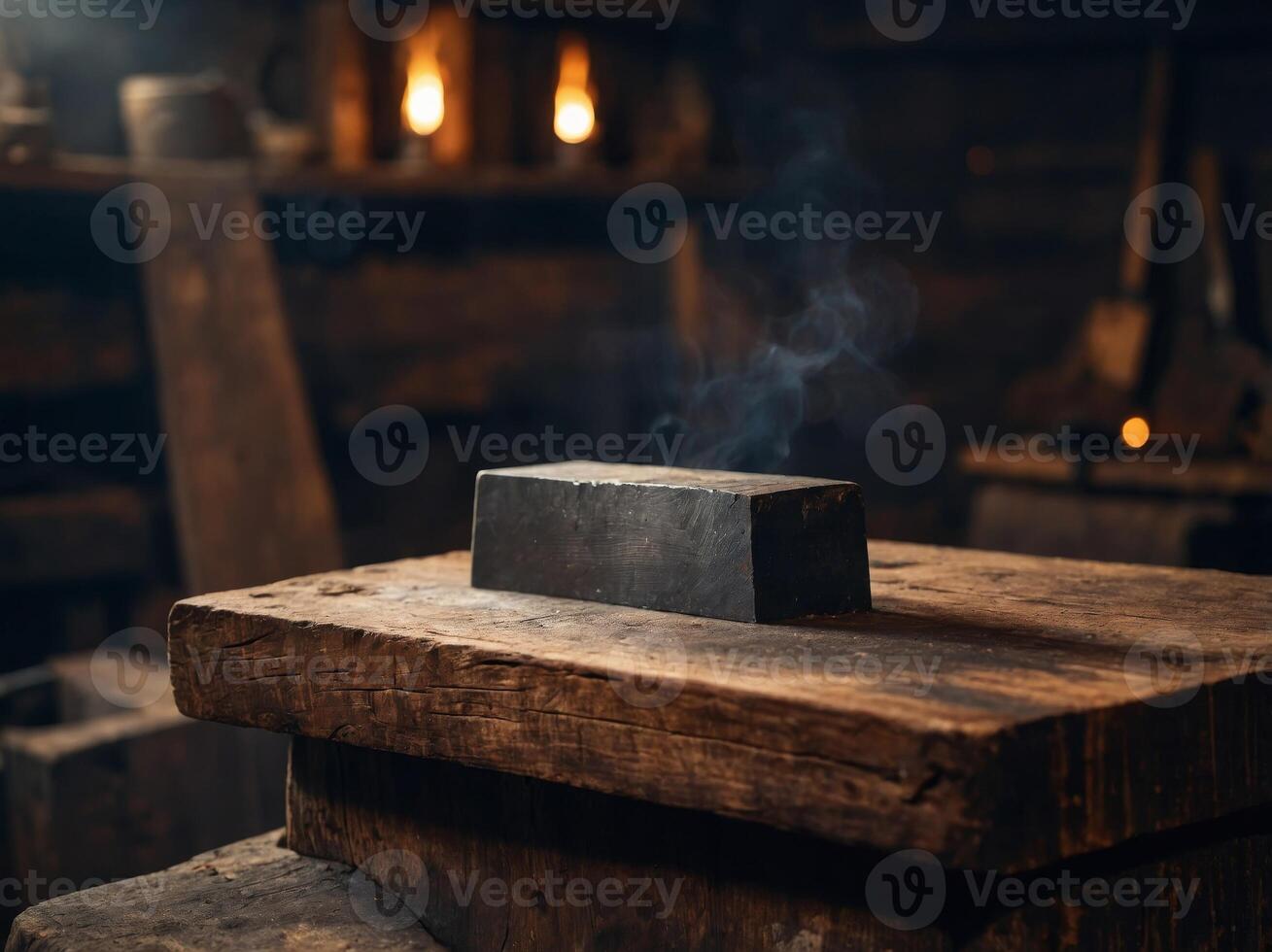 Blacksmith's anvil on a wooden stump in a dark workshop. photo