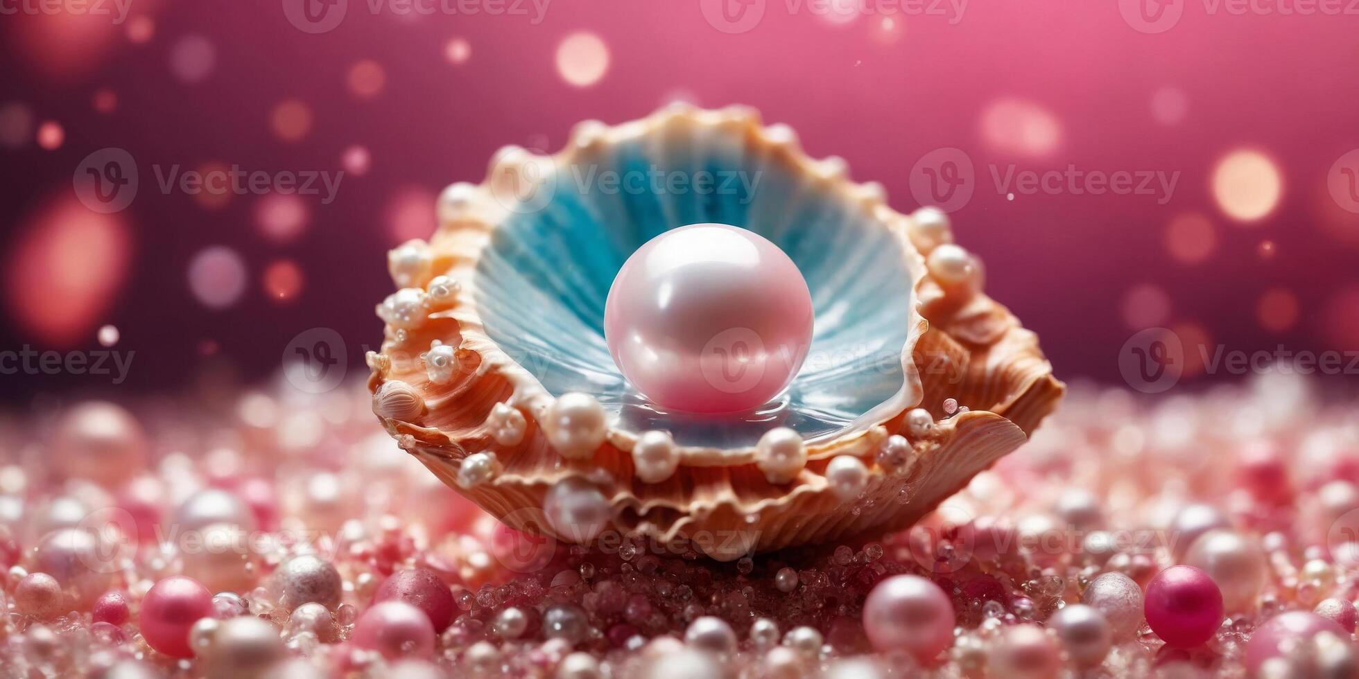 Delicate pearl in a seashell surrounded by pink bubbles. photo