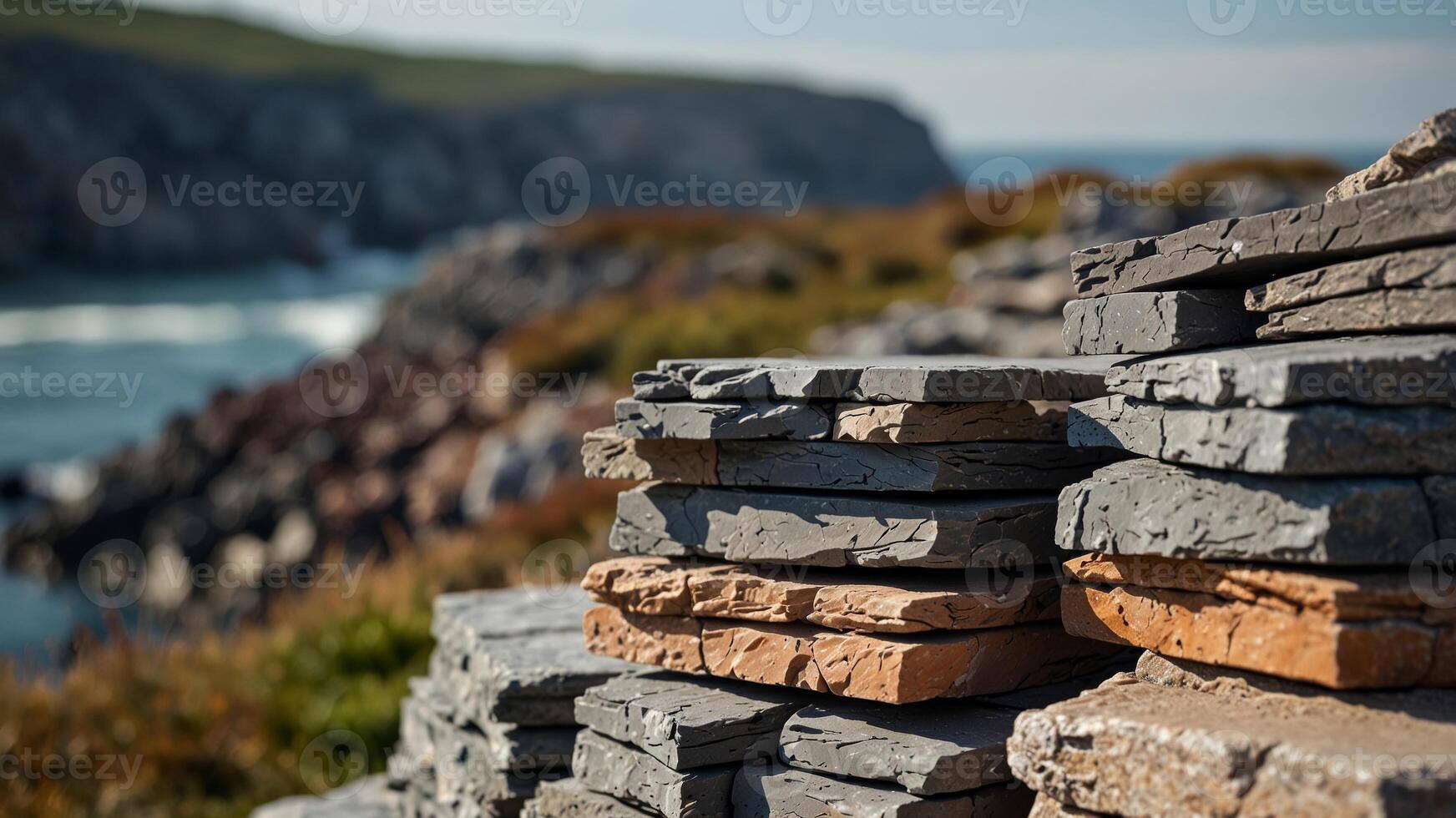 Intimate view of slate layers and quartzite on a coastal cliff. photo