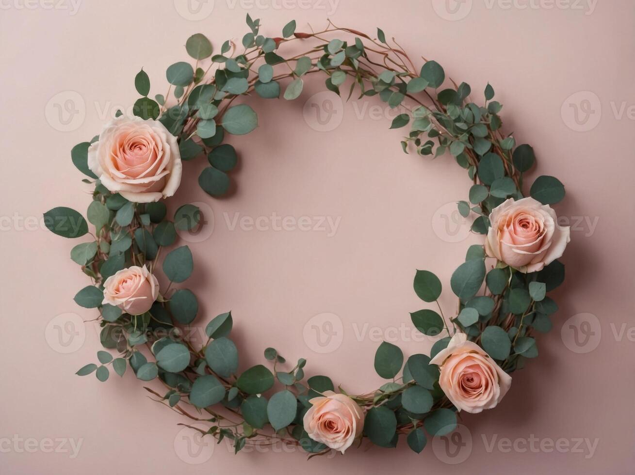 a delicate wreath of pink roses and green eucalyptus leaves arranged in a circle on a soft pink background. photo