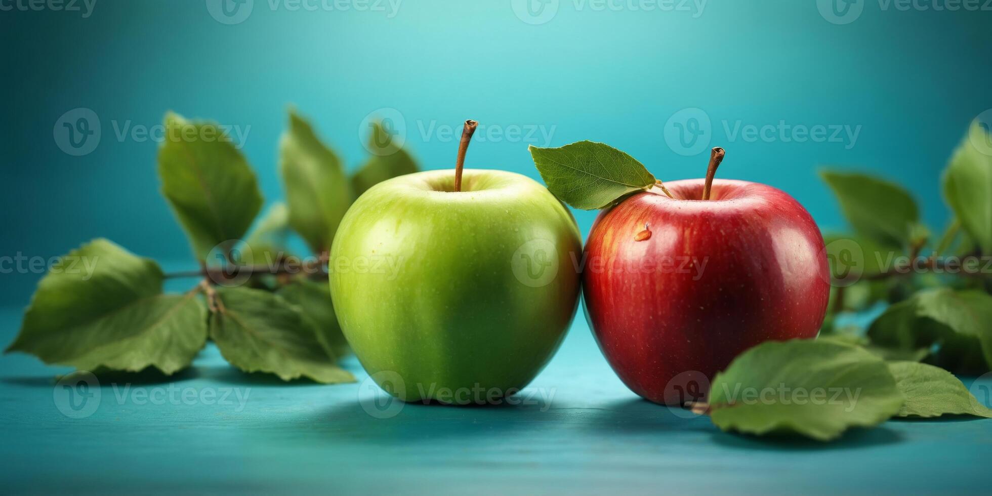 Two fresh apples with leaves on turquoise background. photo