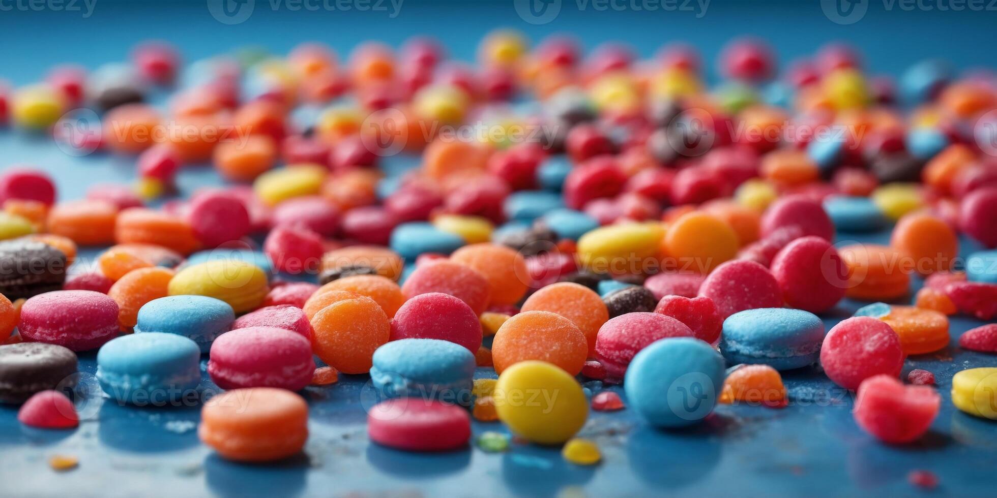 Colorful candies are scattered on a blue surface These sugary treats come in a wide range of colors. photo