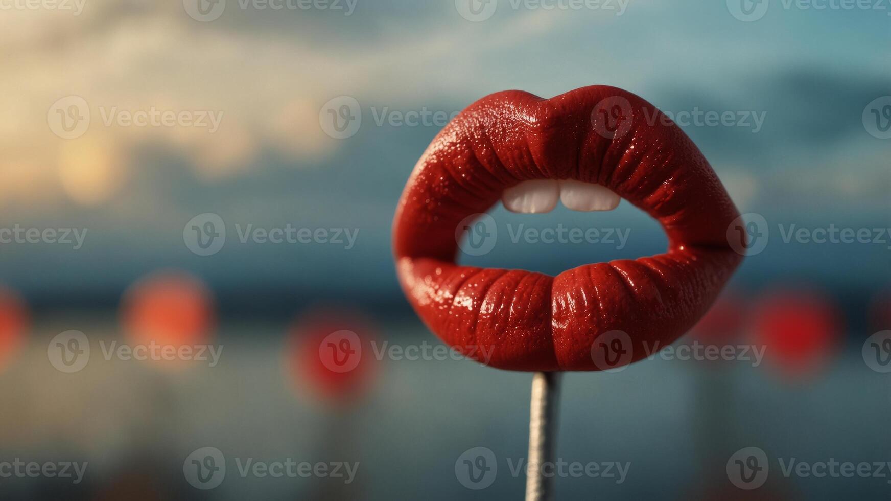 Red juicy lips in a bunch with sky and clouds in background Valentine's concept Love theme. photo