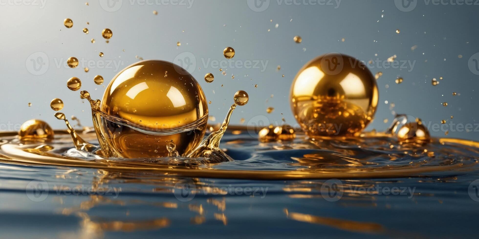 Dynamic splash of liquid with floating golden spheres. photo