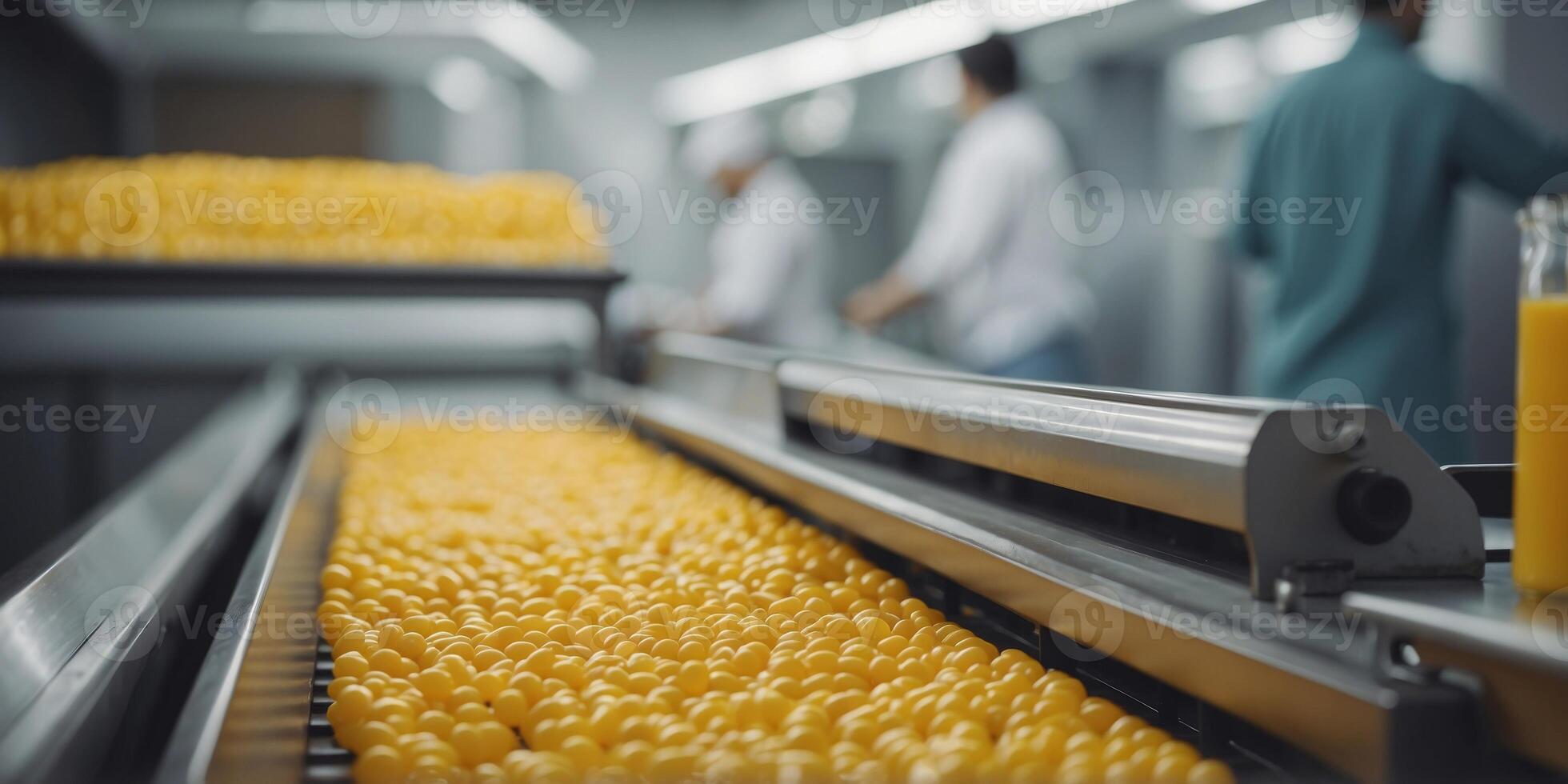 Modern food production line with yellow candy on conveyor belt. photo