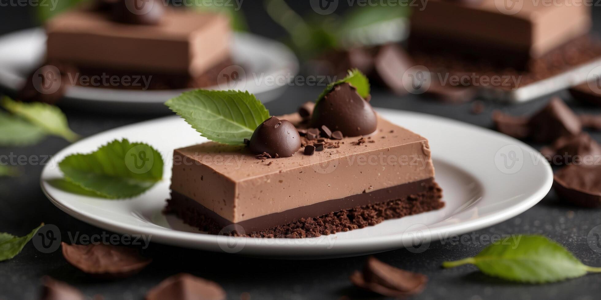 Creamy chocolate mousse dessert with fresh leaves dark chocolate pieces. photo