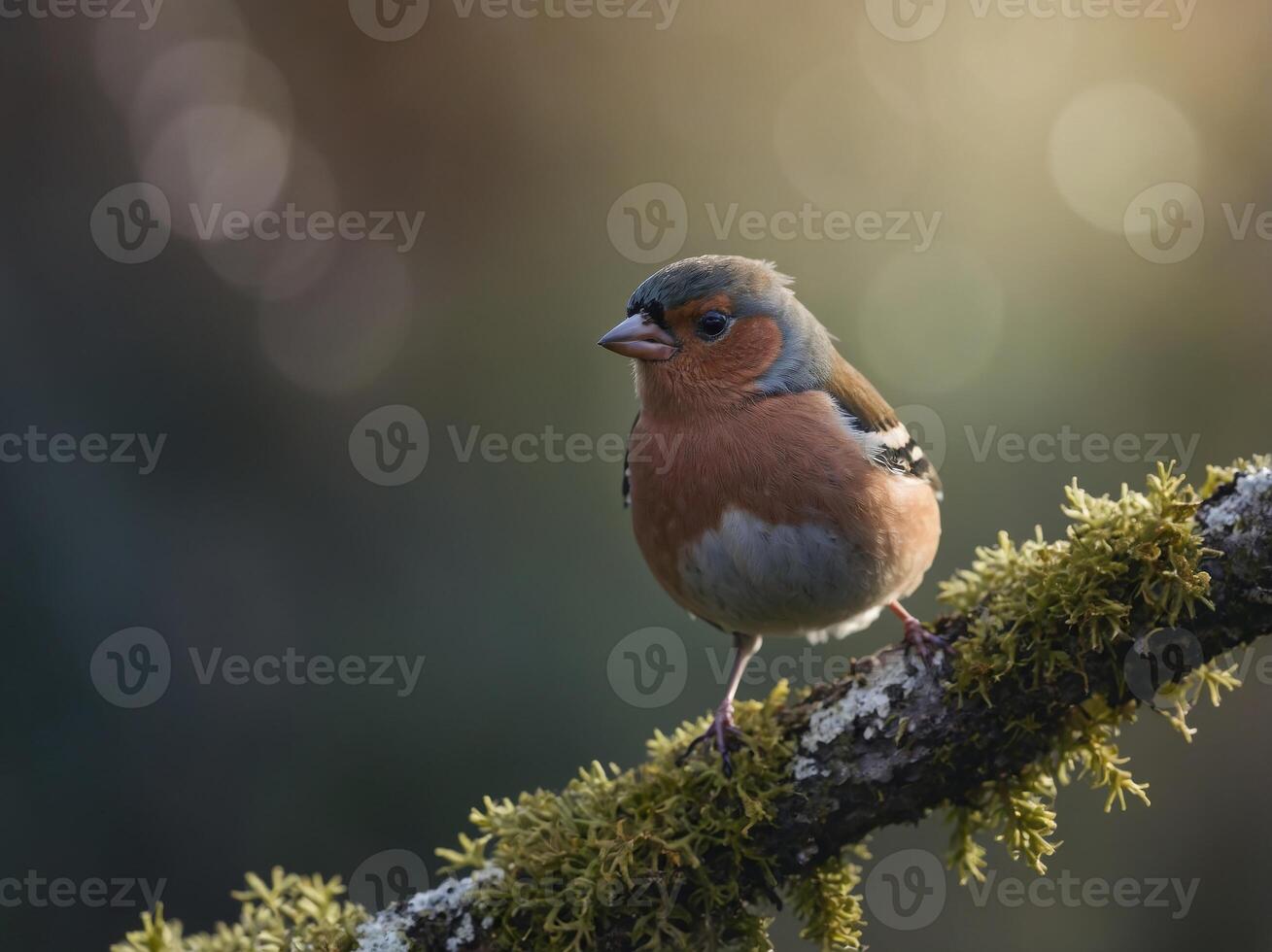 Chaffinch perched on a lichen-covered branch in sunlight. photo