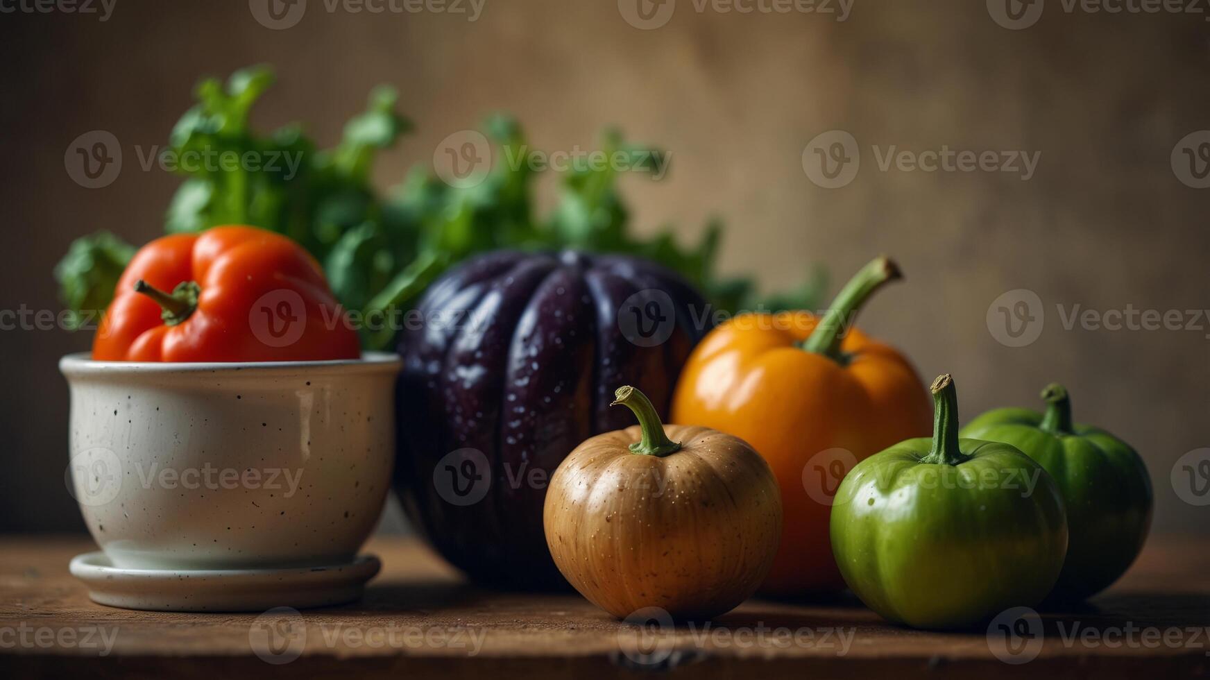 Various fresh vegetables artistically arranged on vintage kitchenware. photo