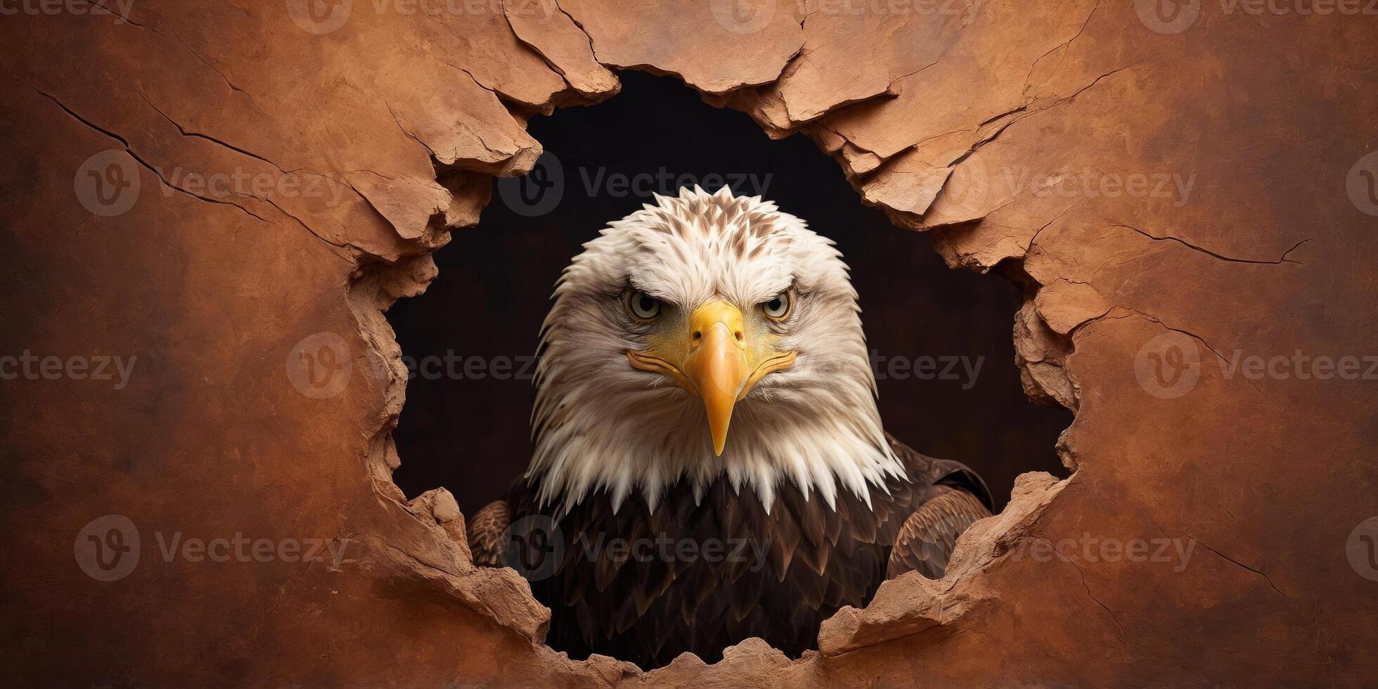 cute eagle coming through crack hole in solid brown background with copy space. photo
