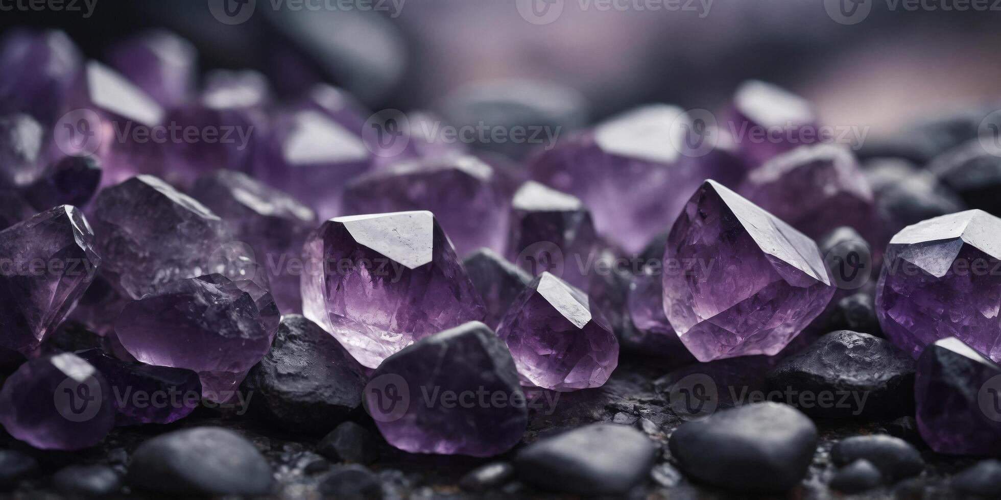 Amethyst Crystals and Gemstones in Misty Surroundings. photo