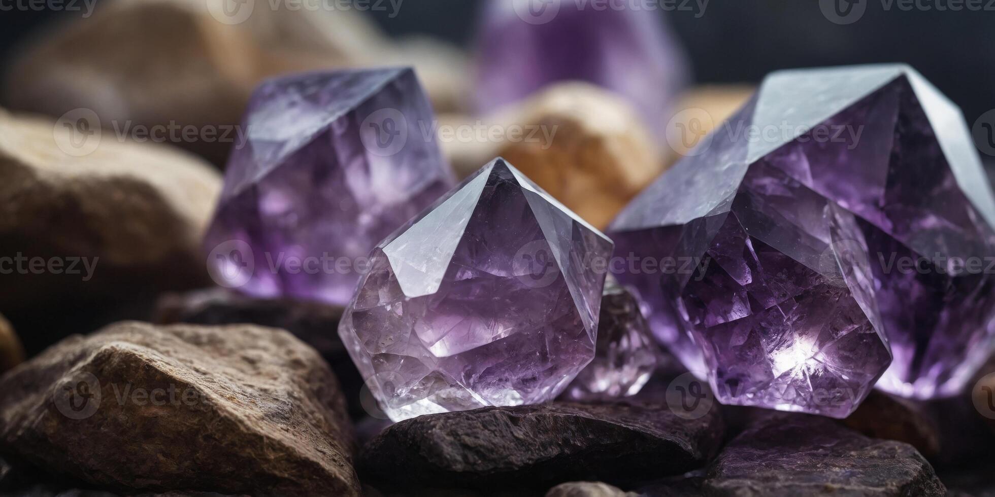 Amethyst Crystals and Gemstones in Misty Surroundings. photo