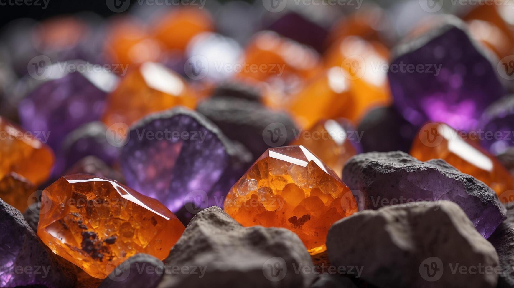 Close up of orange and purple geodes inside crystal rock. photo