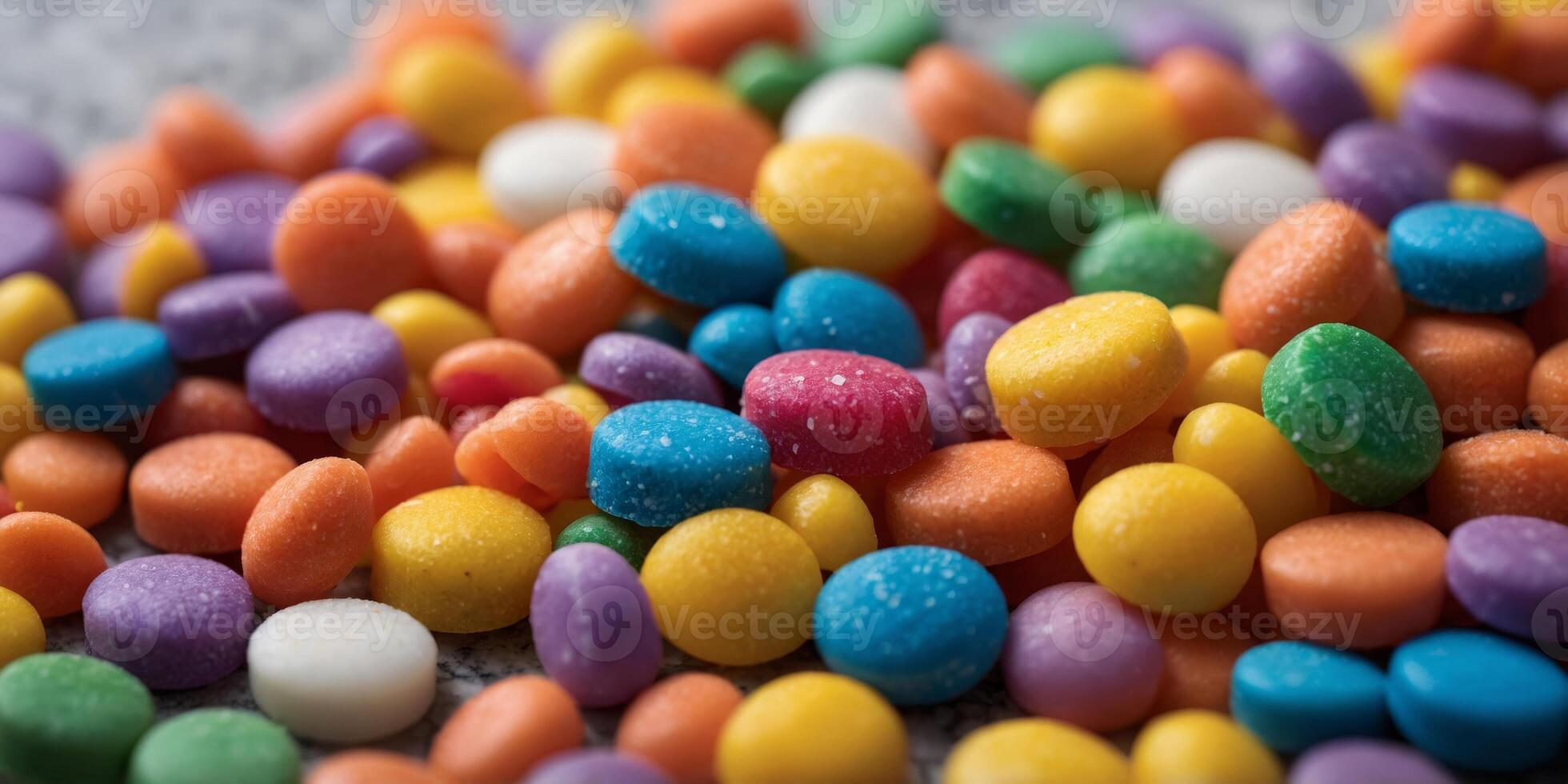 Colorful sugar and candy sprinkles arranged creatively on marble surface. photo