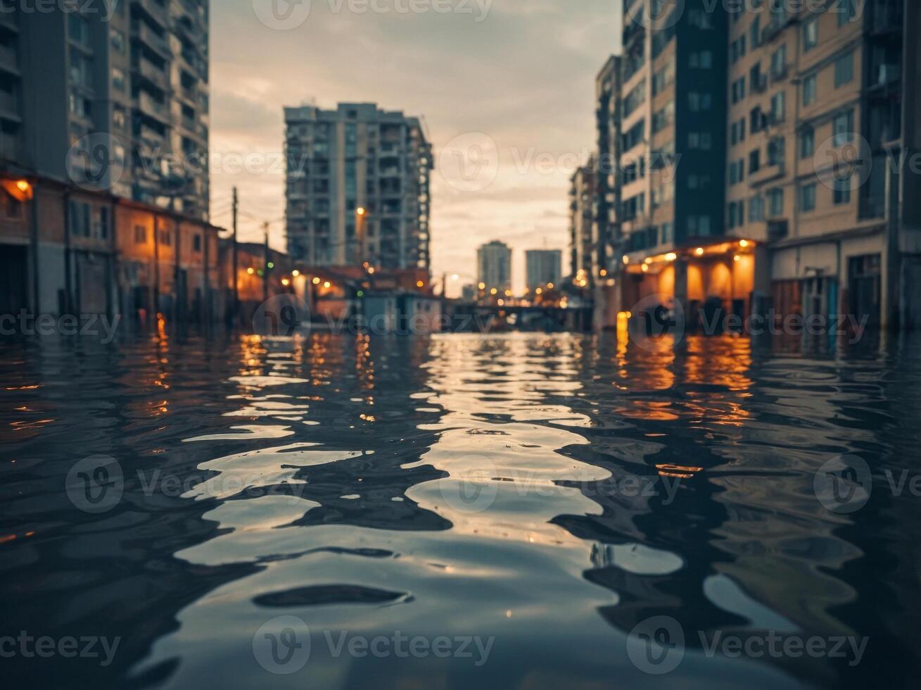 The image shows a flooded city with buildings half-submerged in water Pipes and other structures are visible above the waterline. photo