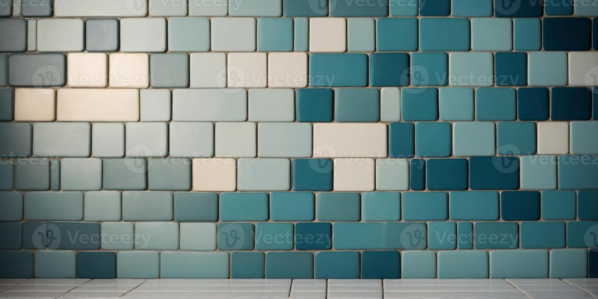 Wall with teal blue and cream white tiles. photo