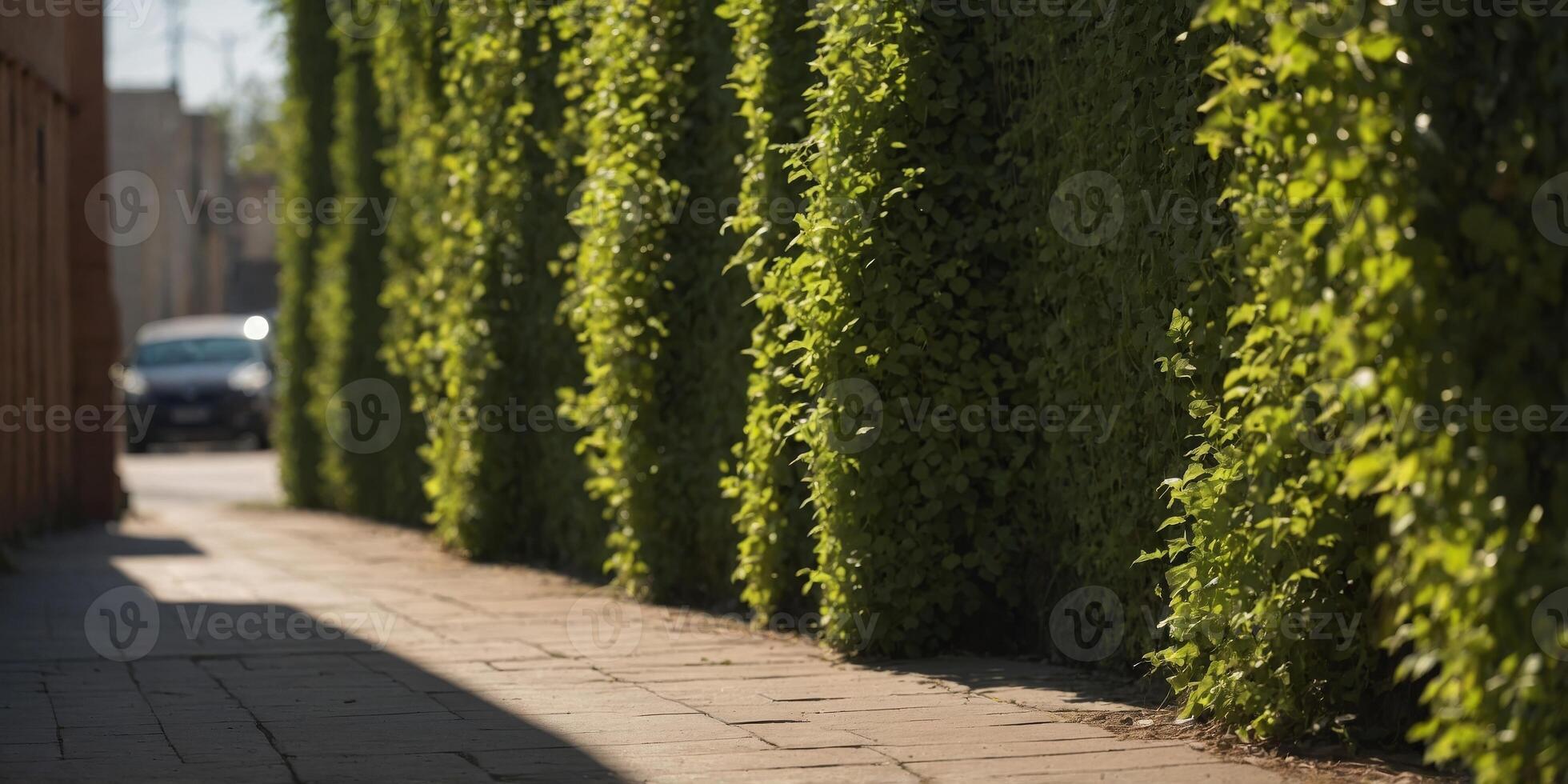 Wall covered in green vines casts shadow on ground. photo
