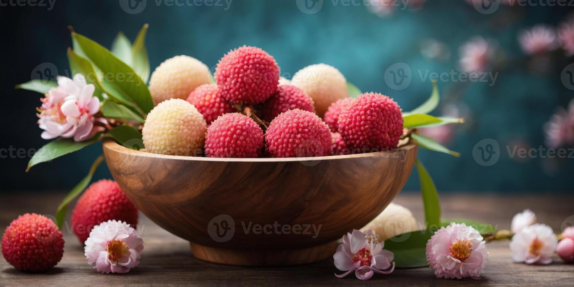 Wooden Bowl of Fresh Lychee Fruits with Blossoms. photo