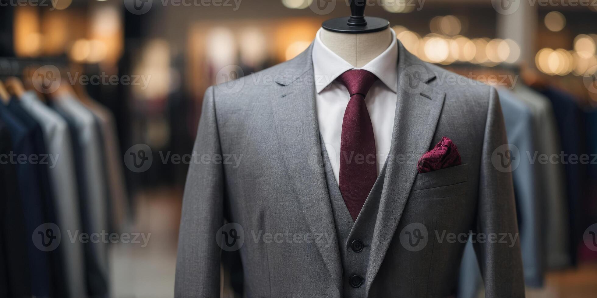 Closeup of a stylish gray suit in a clothing store. photo