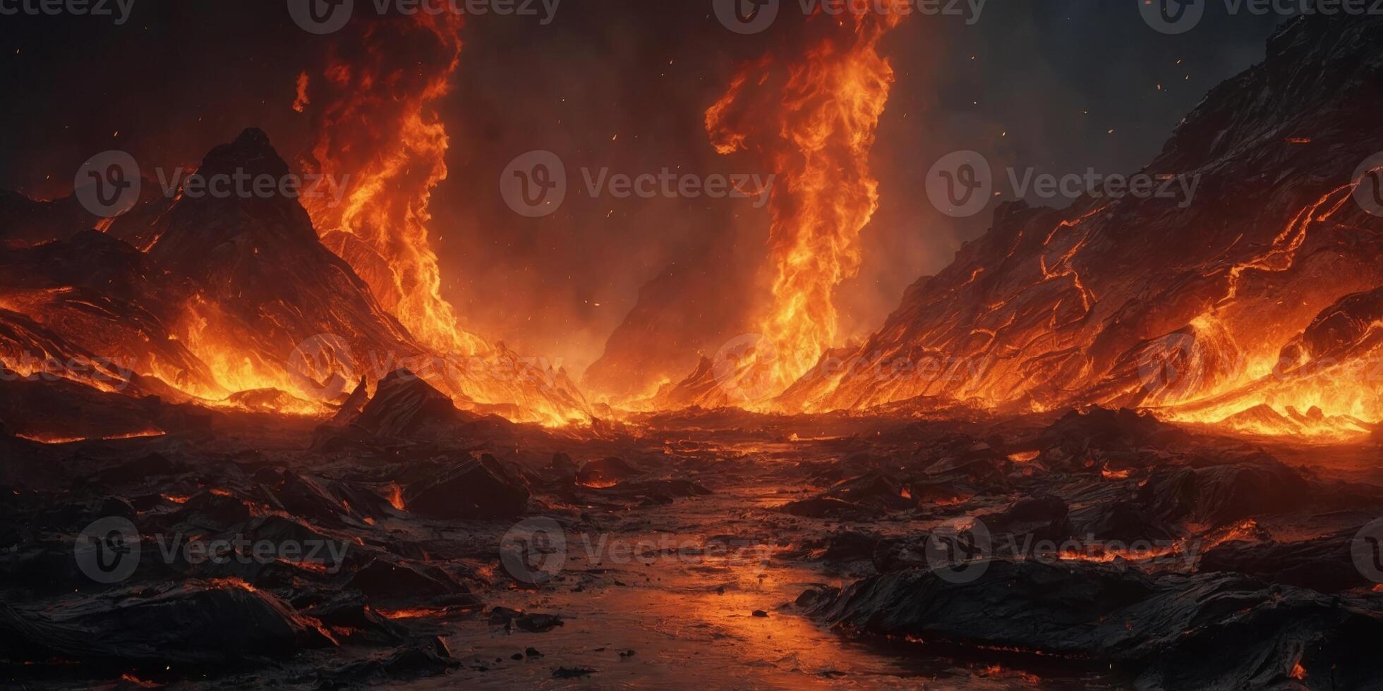 Chaotic Firestorm of Molten Lava and Scorching Flames in an Apocalyptic Landscape of Devastation and Destruction. photo