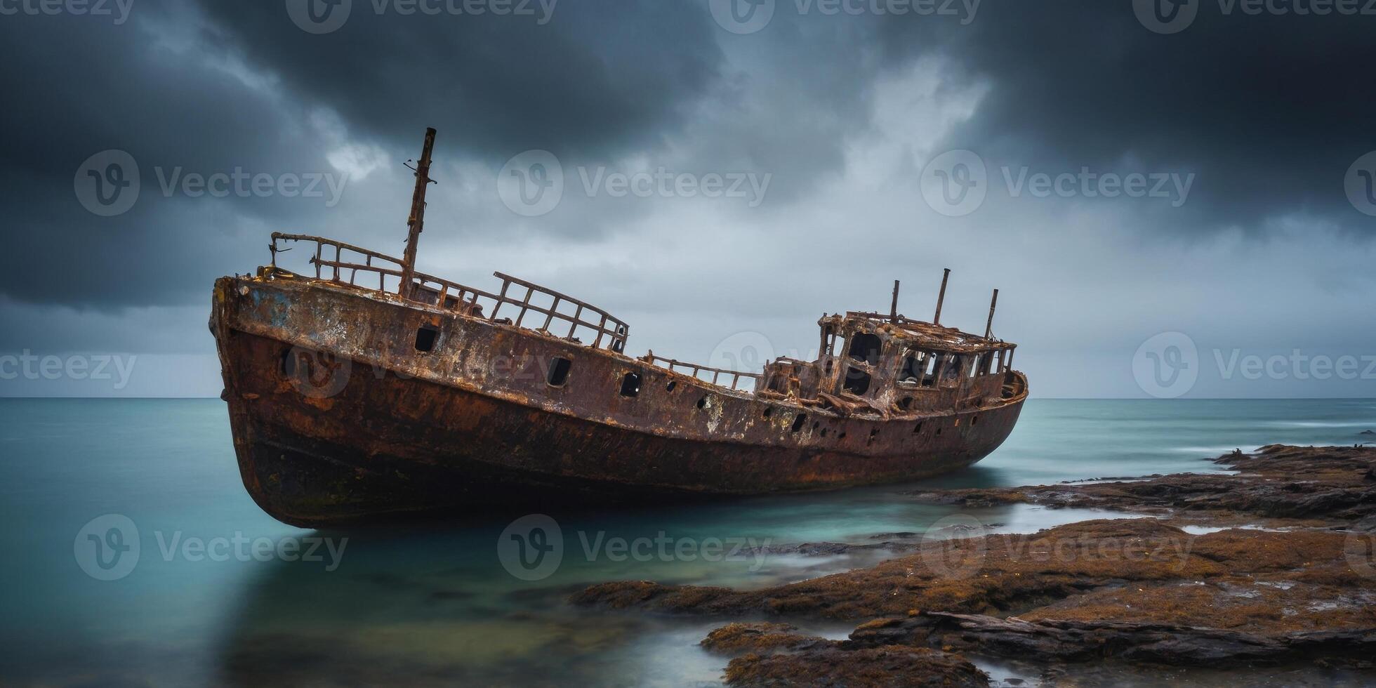 Haunting Shipwreck Resting in the Stormy Seascape Abandoned and Decaying Vessel Reflecting in the Moody Waters. photo