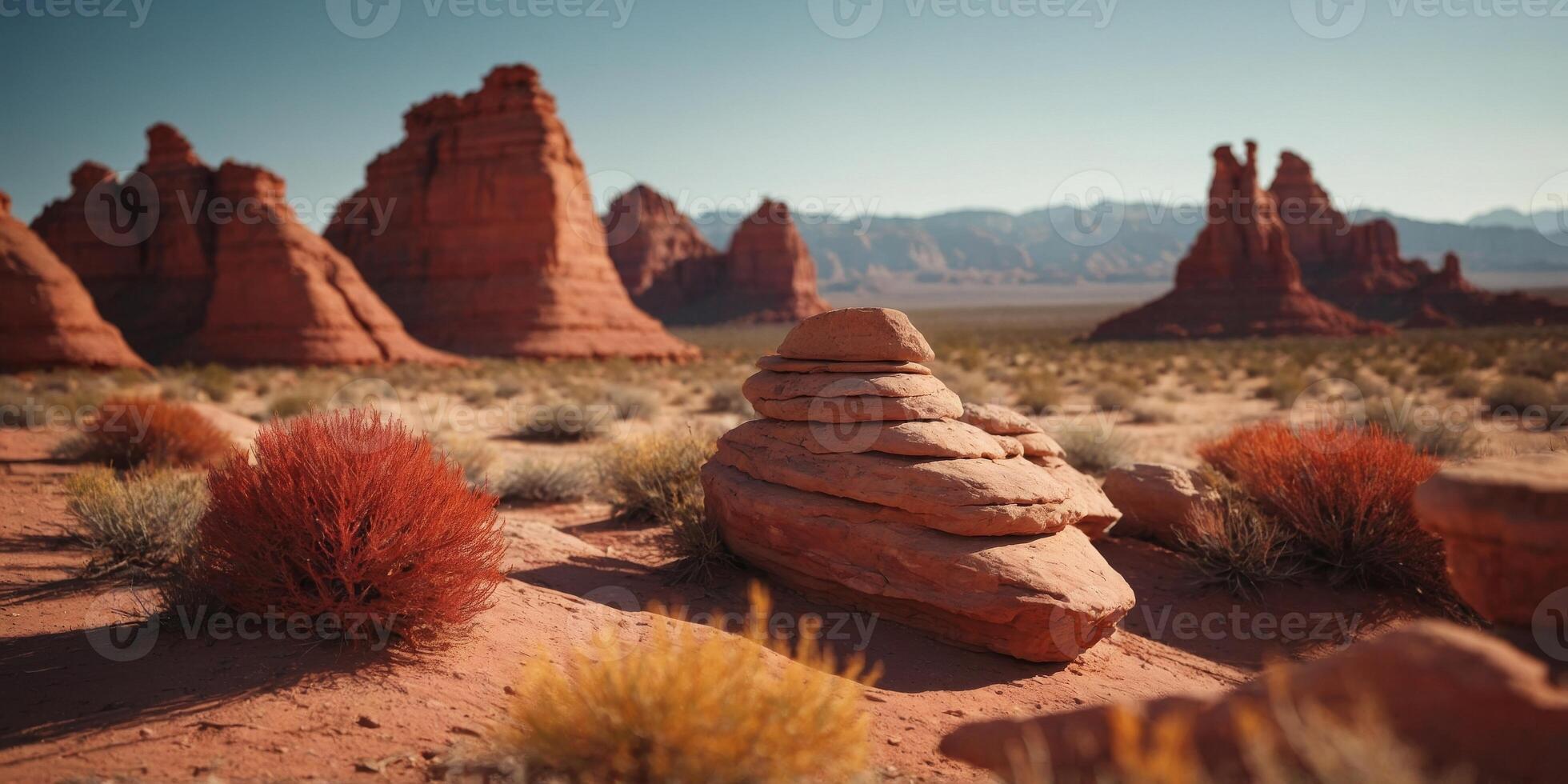 Layered red rock formations in a desert landscape. photo