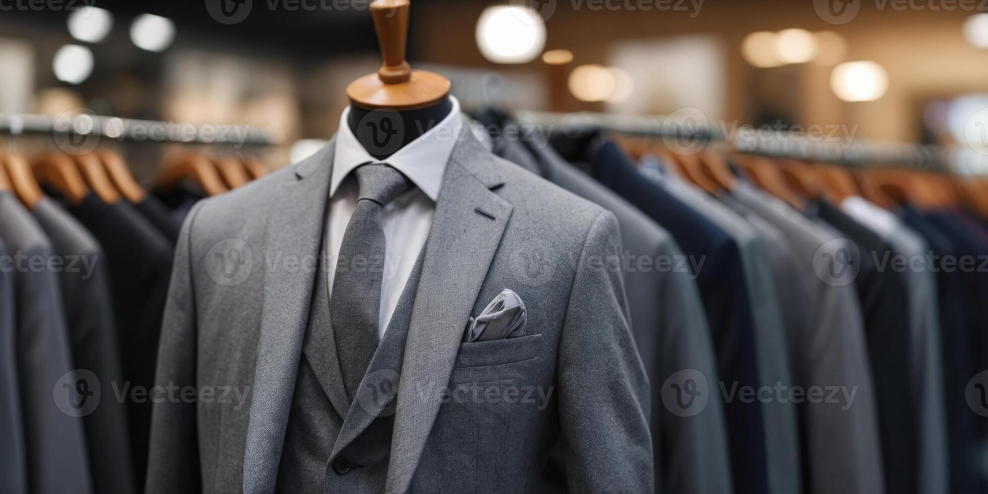 Closeup of a stylish gray suit in a clothing store. photo