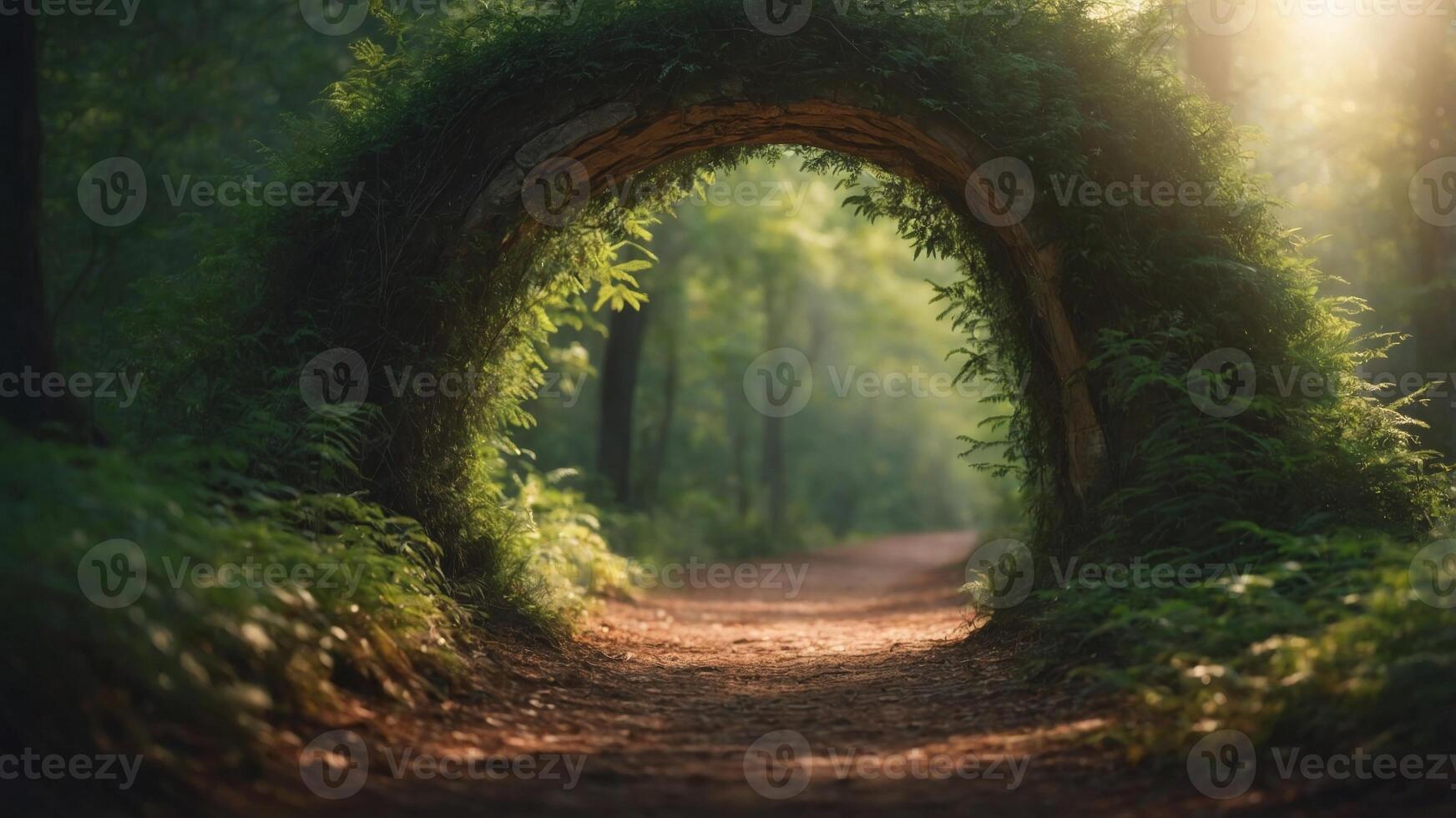 Natural archway formed by green branches in a panoramic forest scene. photo