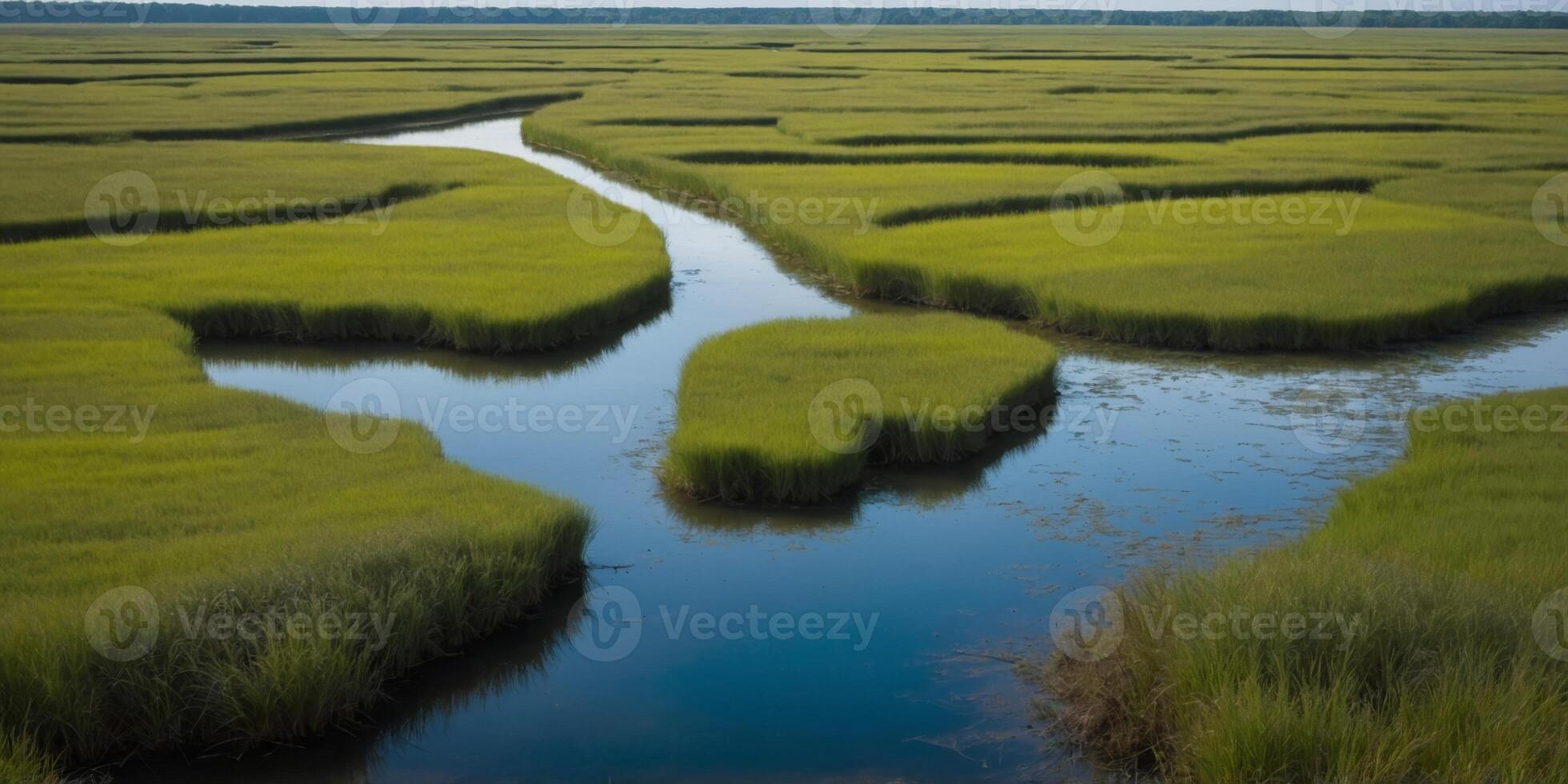 Blue river channels crisscrossing expansive green marsh. photo